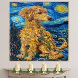 Golden Curly Poodle Dog with Whimsical Swirls in a Van Gogh Inspired Night Sky Painting Style Pet Portrait on Ready to Hang 1.5" Thick Canvas Wrap, Floating Framed Canvas, Flat Rolled Canvas