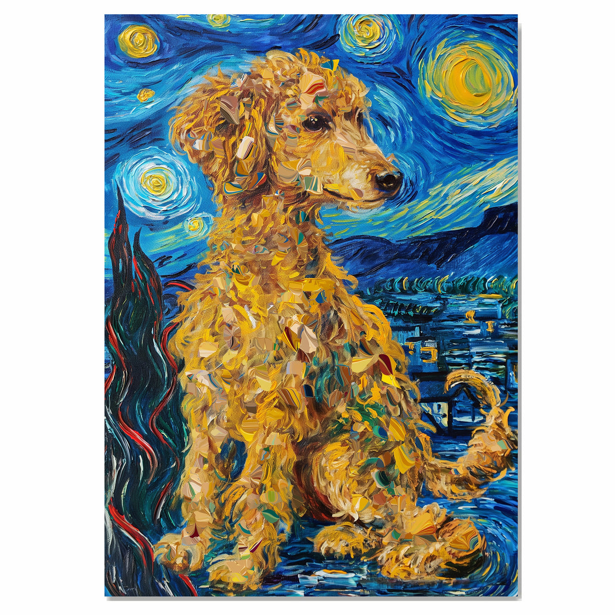 Golden Curly Poodle Dog with Whimsical Swirls in a Van Gogh Inspired Night Sky Painting Style Pet Portrait on Ready to Hang 1.5" Thick Canvas Wrap, Floating Framed Canvas, Flat Rolled Canvas