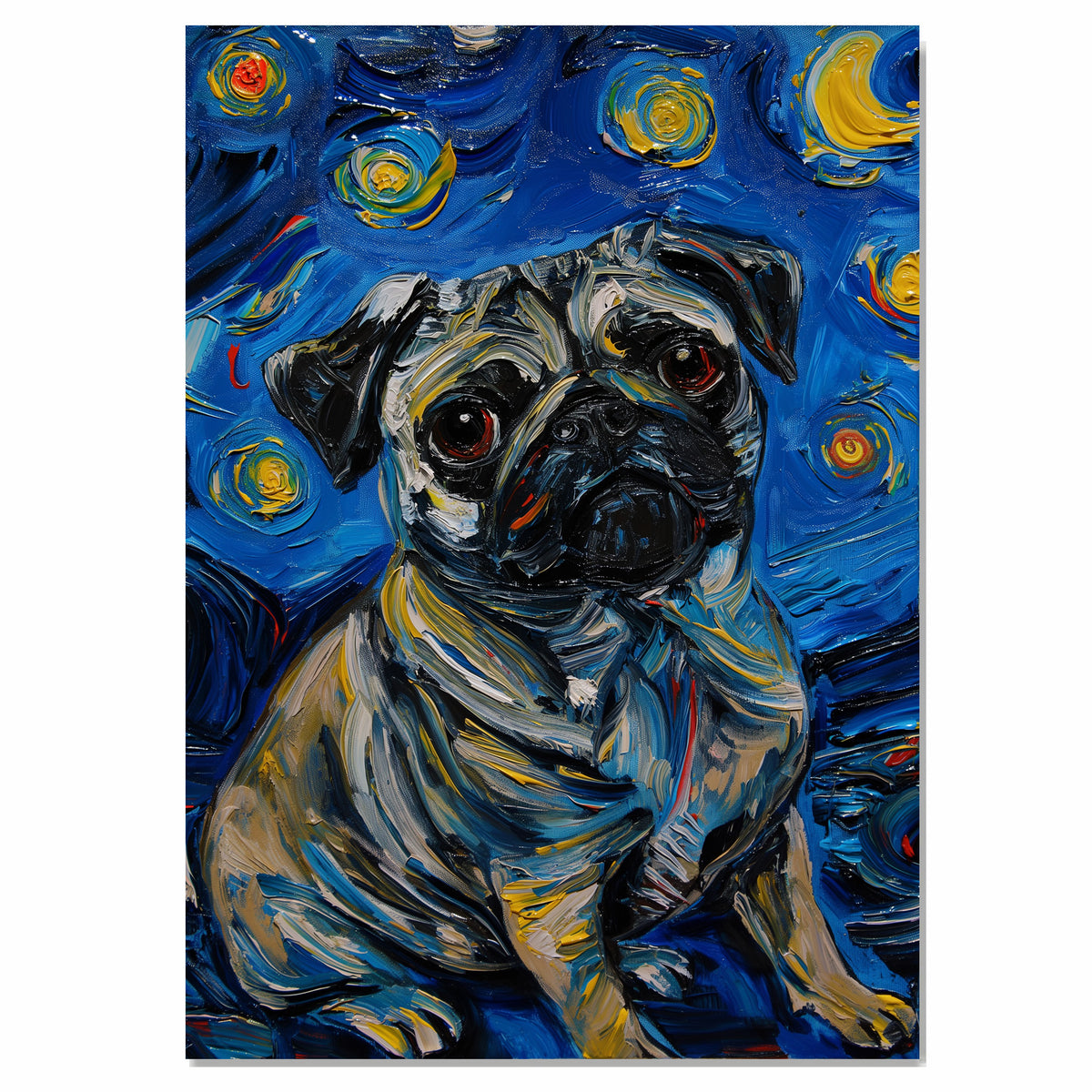 Pug Dog Painting in Van Gogh Starry Night Style with Swirling Brushstrokes and Rich Textured Colors on Ready to Hang 1.5" Thick Canvas Wrap, Floating Framed Canvas, Flat Rolled Canvas