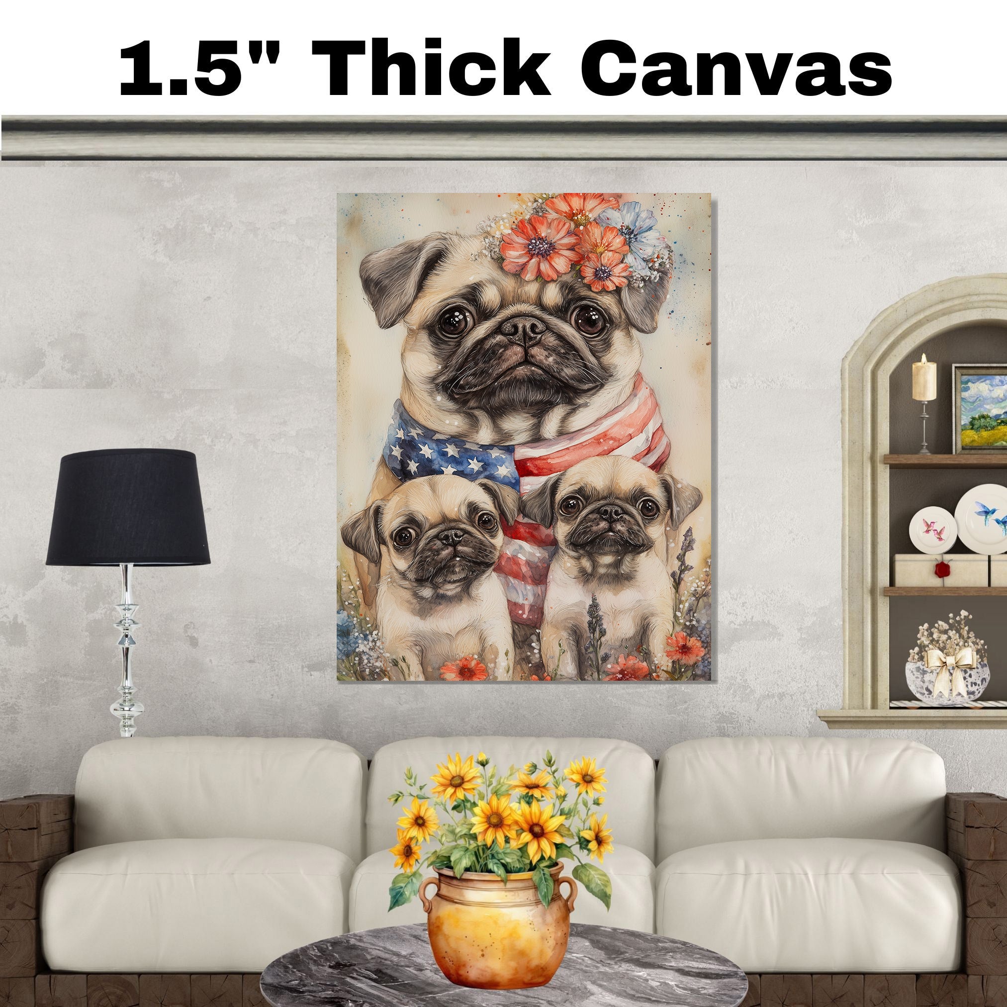 Patriotic Pug Mom with Puppies in American Flag and Floral Headband with Festive Summer Backdrop on Ready to Hang 1.5" Thick Canvas Wrap, Floating Framed Canvas, Flat Rolled Canvas