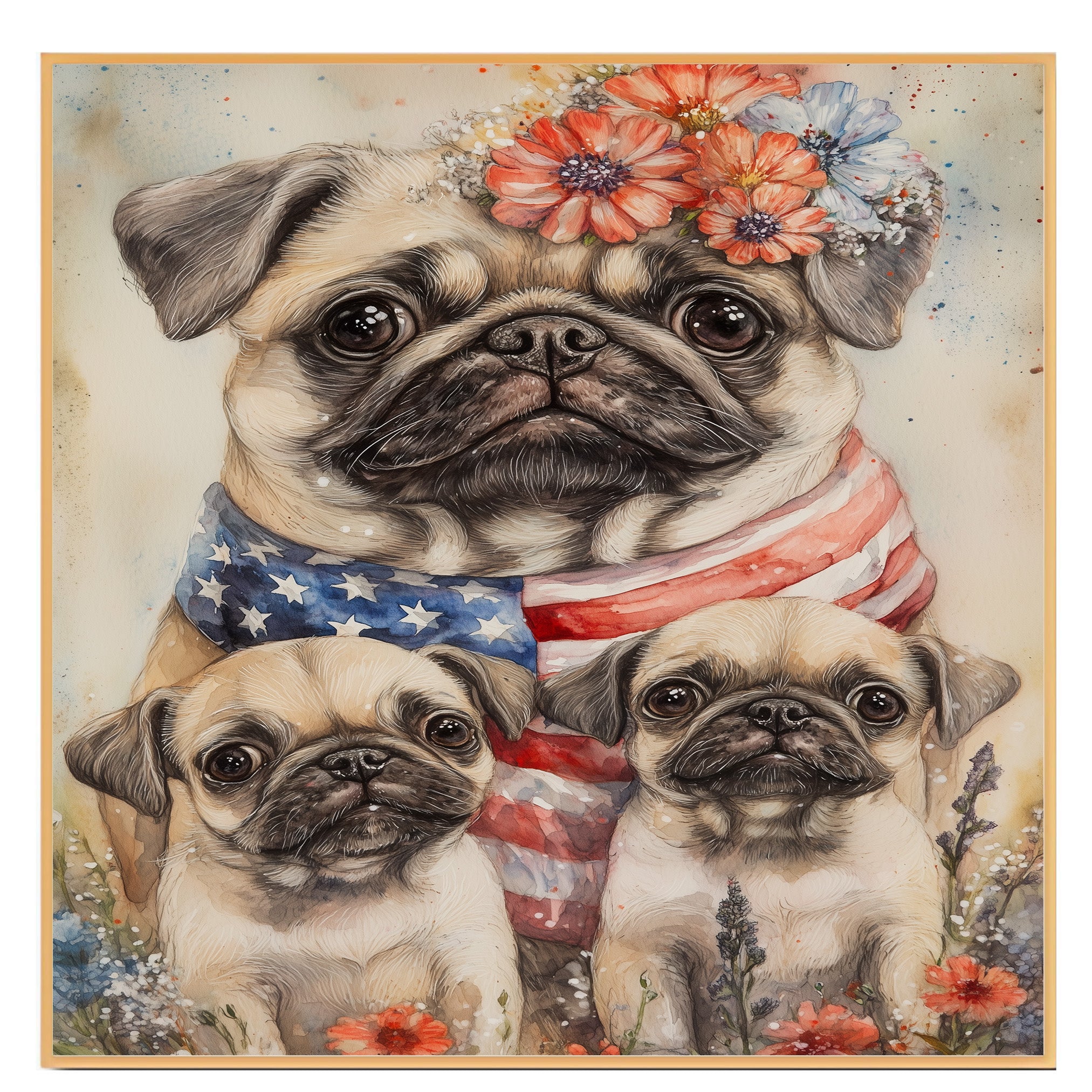 Patriotic Pug Mom with Puppies in American Flag and Floral Headband with Festive Summer Backdrop on Ready to Hang 1.5" Thick Canvas Wrap, Floating Framed Canvas, Flat Rolled Canvas
