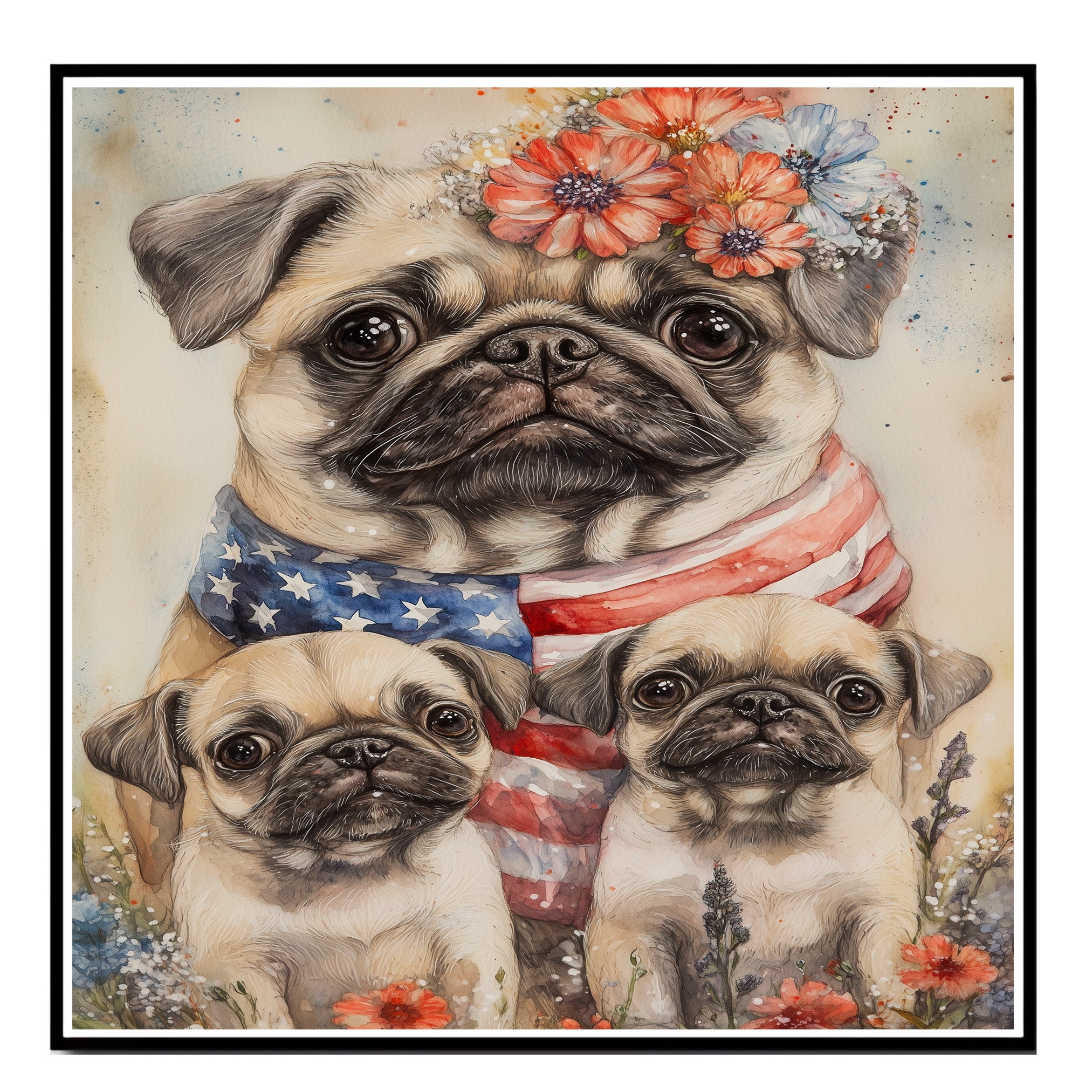 Patriotic Pug Mom with Puppies in American Flag and Floral Headband with Festive Summer Backdrop on Ready to Hang 1.5" Thick Canvas Wrap, Floating Framed Canvas, Flat Rolled Canvas