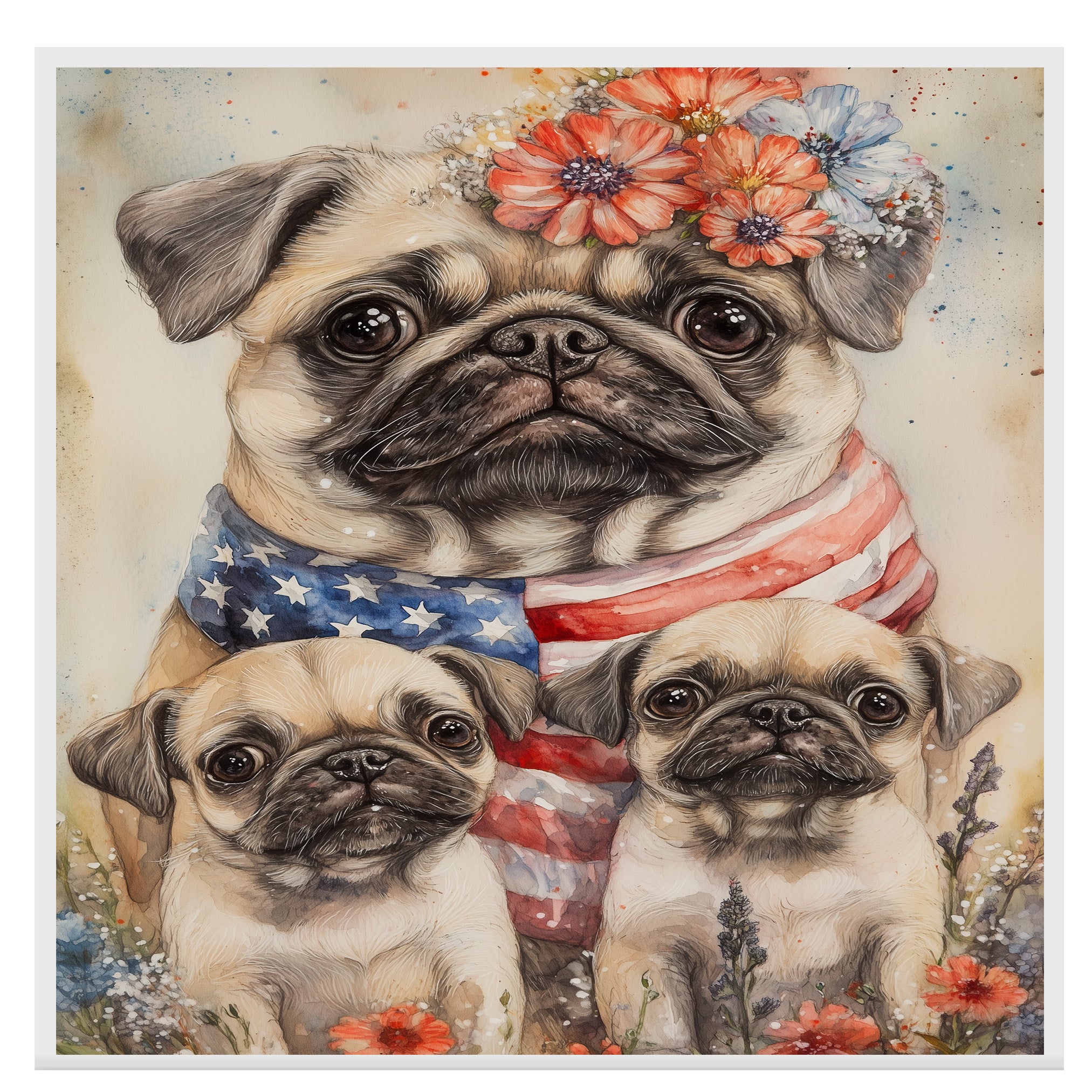 Patriotic Pug Mom with Puppies in American Flag and Floral Headband with Festive Summer Backdrop on Ready to Hang 1.5" Thick Canvas Wrap, Floating Framed Canvas, Flat Rolled Canvas
