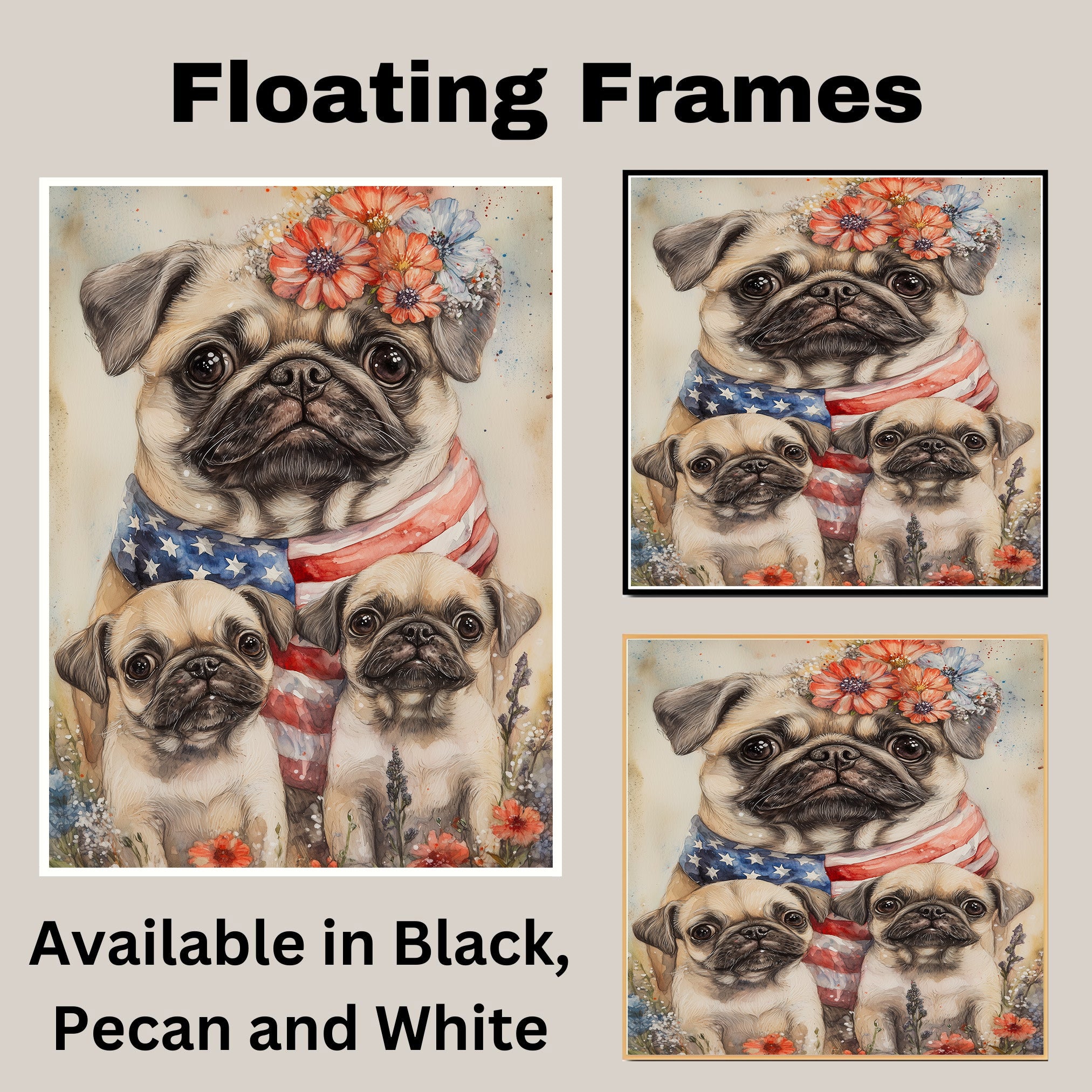 Patriotic Pug Mom with Puppies in American Flag and Floral Headband with Festive Summer Backdrop on Ready to Hang 1.5" Thick Canvas Wrap, Floating Framed Canvas, Flat Rolled Canvas