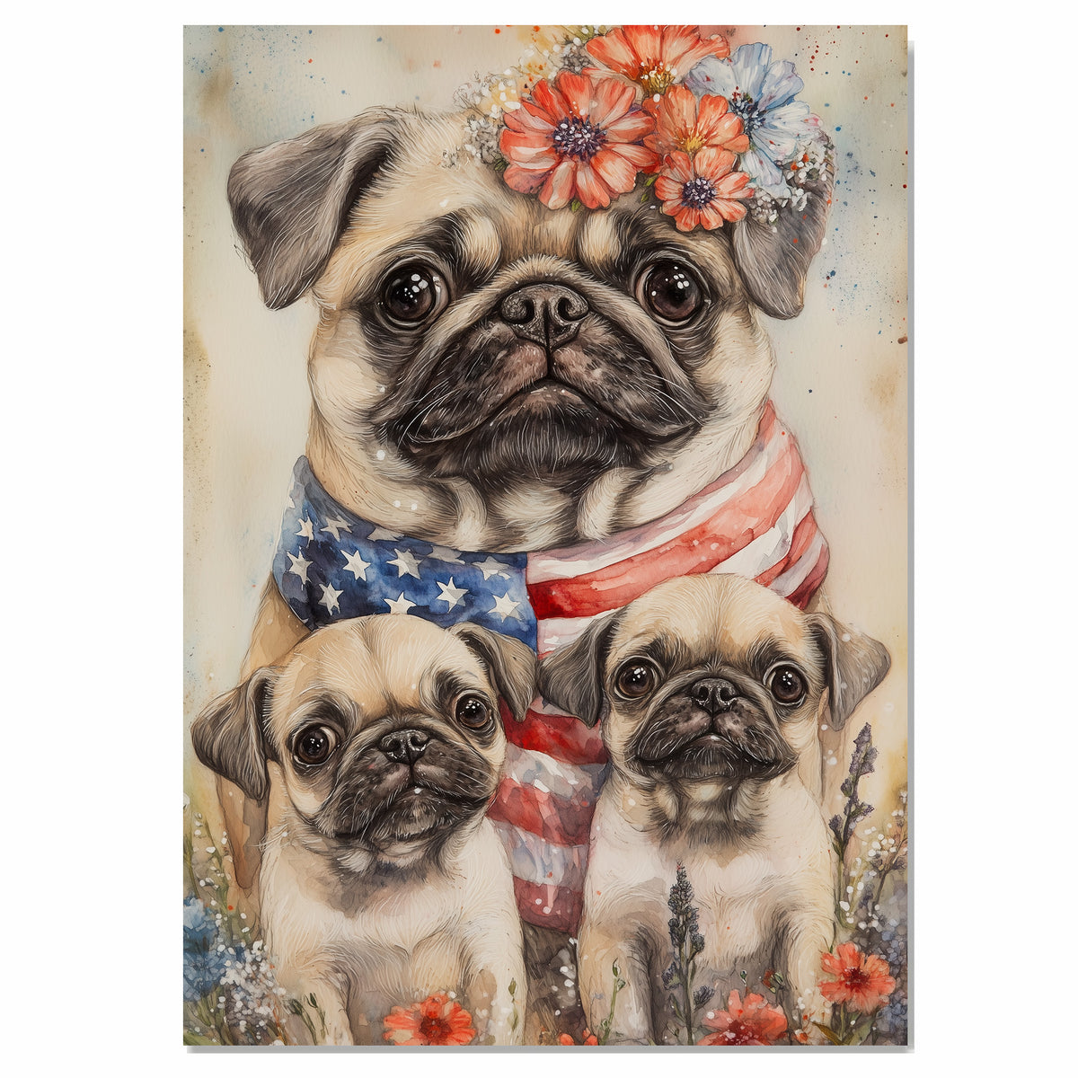 Patriotic Pug Mom with Puppies in American Flag and Floral Headband with Festive Summer Backdrop on Ready to Hang 1.5" Thick Canvas Wrap, Floating Framed Canvas, Flat Rolled Canvas