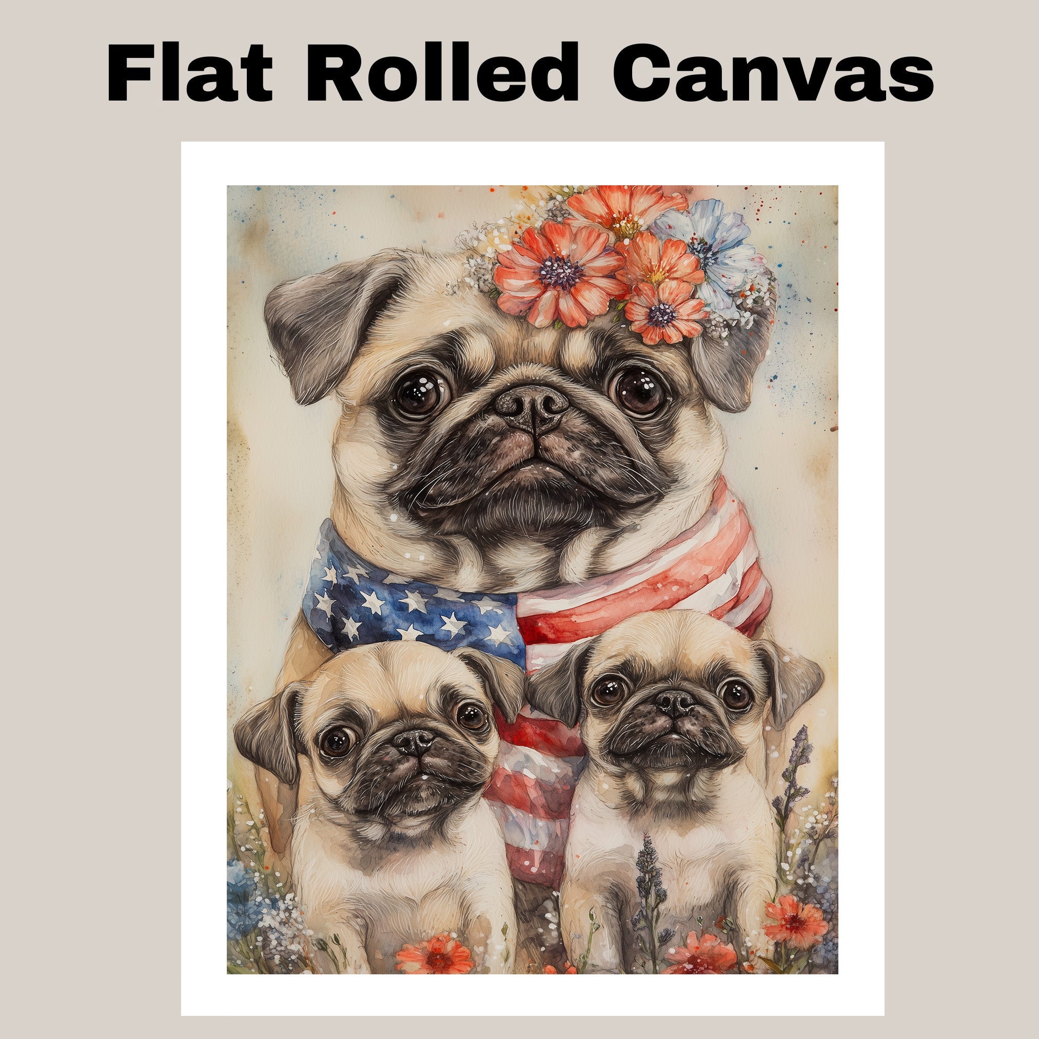 Patriotic Pug Mom with Puppies in American Flag and Floral Headband with Festive Summer Backdrop on Ready to Hang 1.5" Thick Canvas Wrap, Floating Framed Canvas, Flat Rolled Canvas
