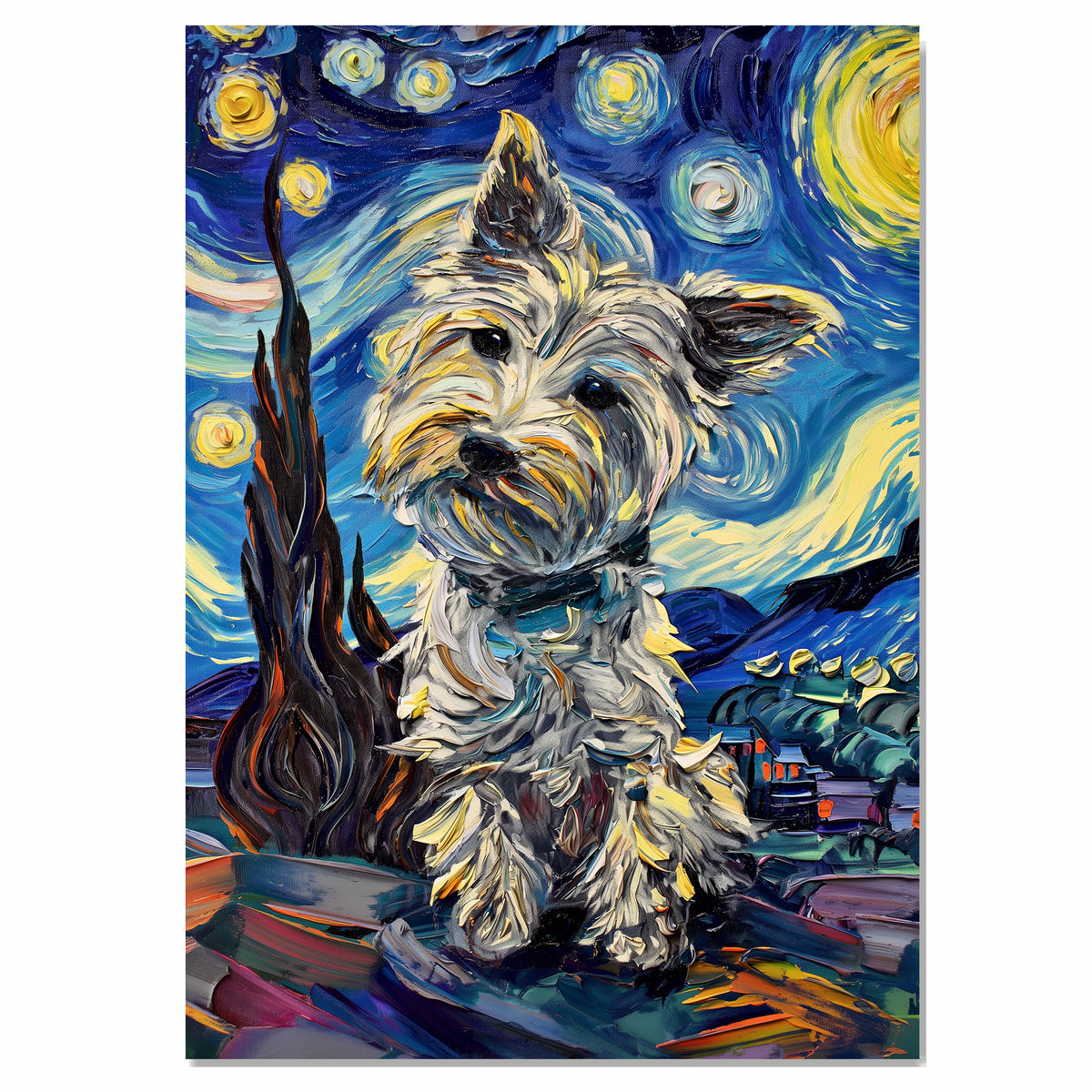 West Highland Terrier Dog Painting in Van Gogh Starry Night Style with Whimsical Swirls and Bold Color Brushwork on Ready to Hang 1.5" Thick Canvas Wrap, Floating Framed Canvas, Flat Rolled Canvas