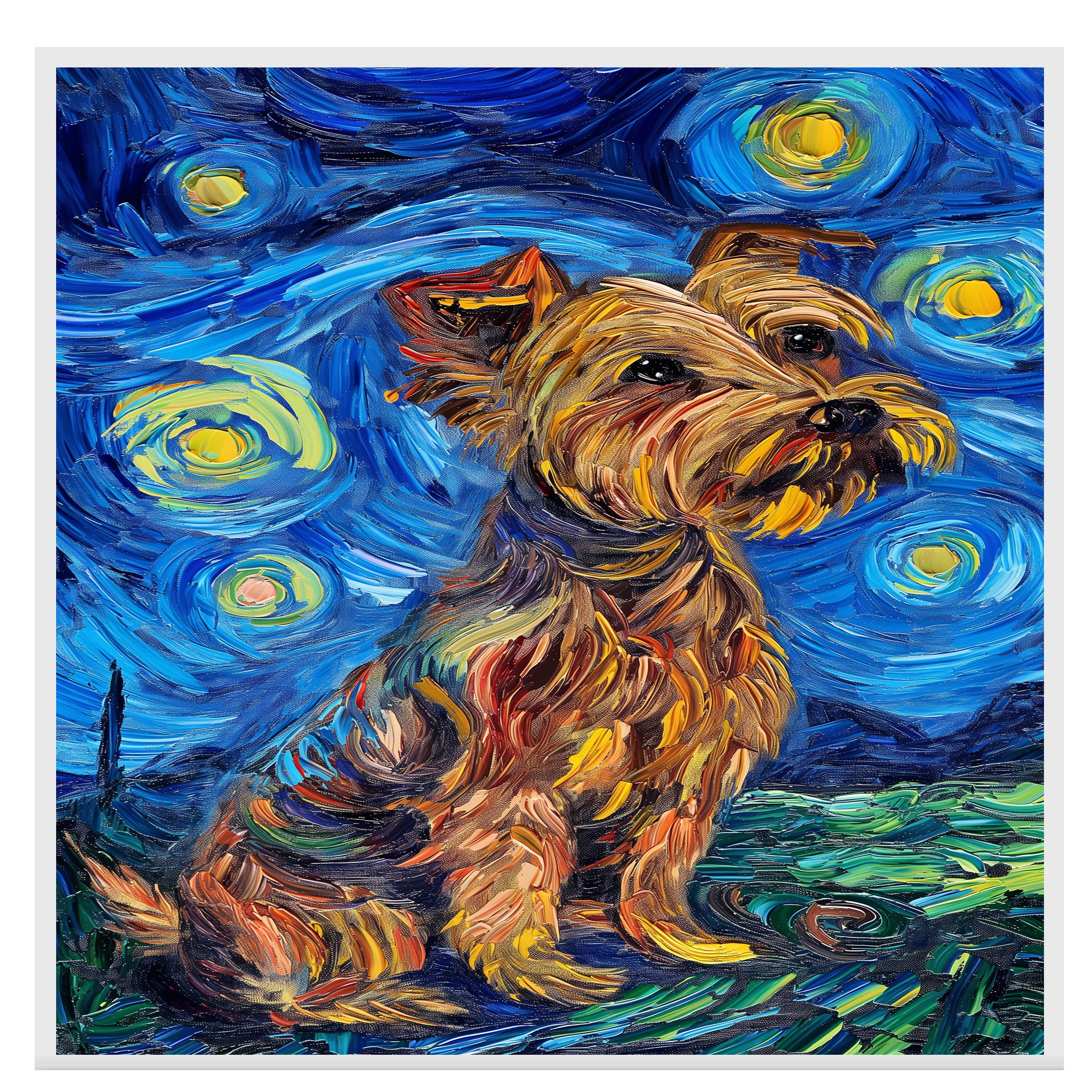Expressive Yorkshire Terrier Dog Painting in Van Gogh Inspired Style with Bold Colors and Textured Artistic Brushstrokes on Ready to Hang 1.5" Thick Canvas Wrap, Floating Framed Canvas, Flat Rolled Canvas
