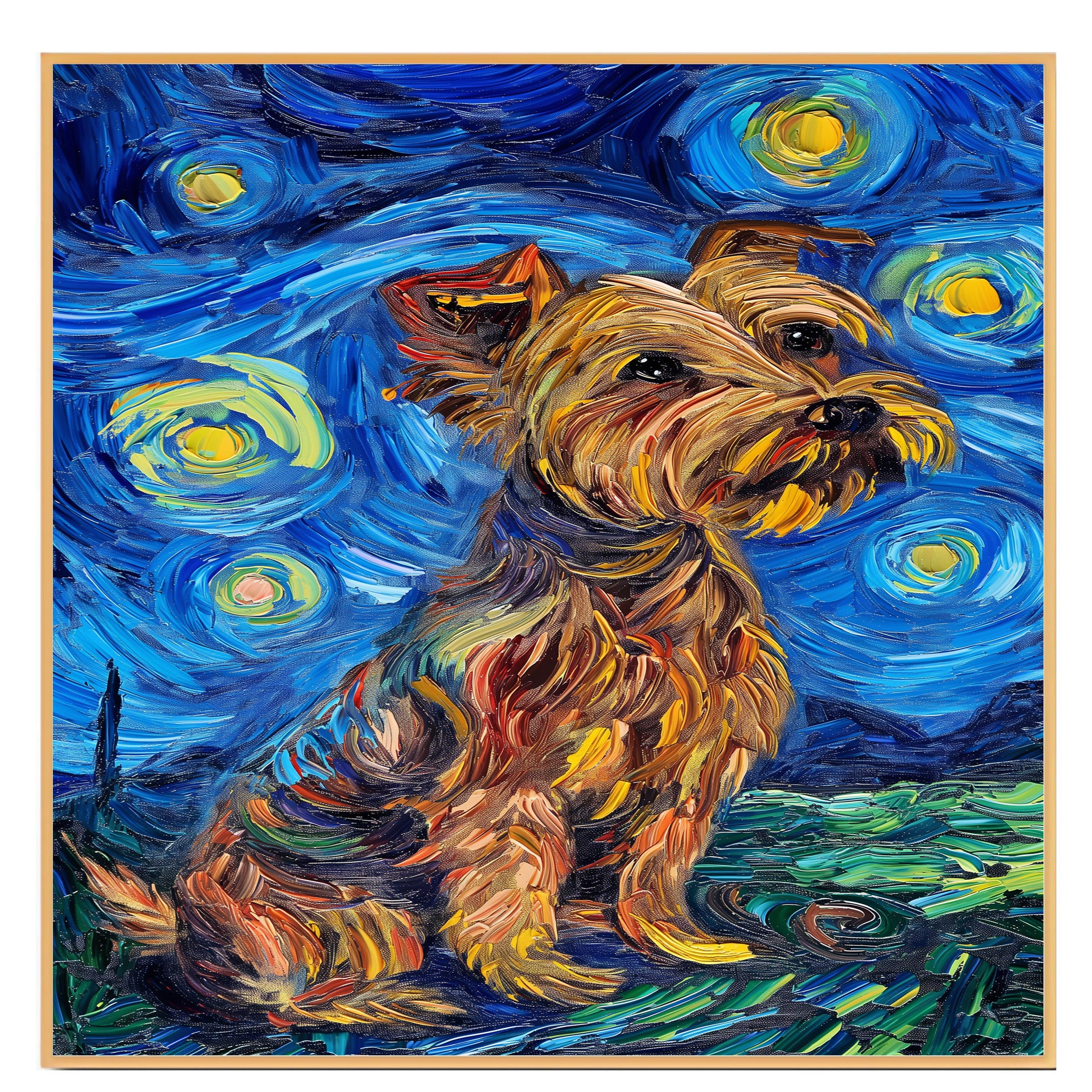 Expressive Yorkshire Terrier Dog Painting in Van Gogh Inspired Style with Bold Colors and Textured Artistic Brushstrokes on Ready to Hang 1.5" Thick Canvas Wrap, Floating Framed Canvas, Flat Rolled Canvas