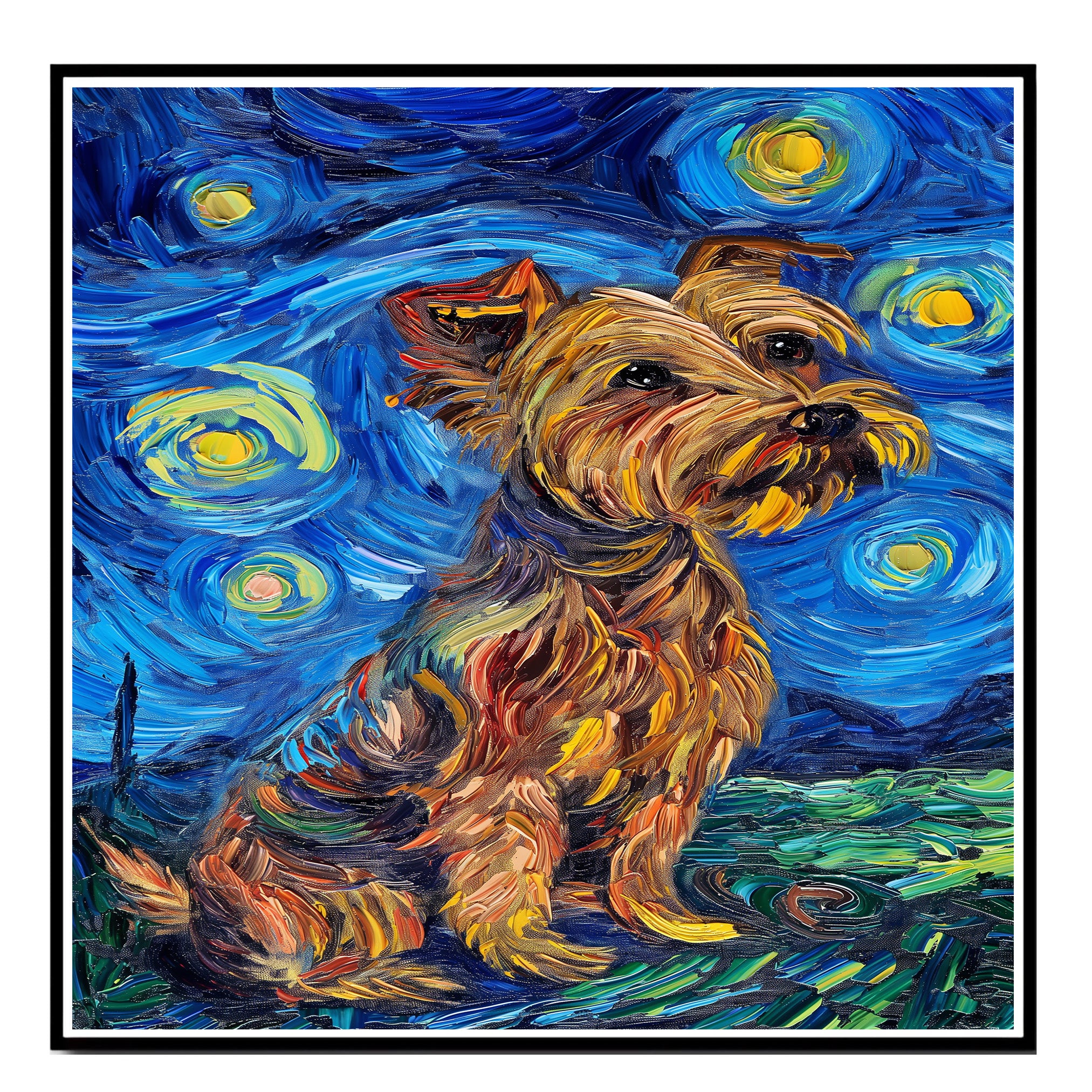 Expressive Yorkshire Terrier Dog Painting in Van Gogh Inspired Style with Bold Colors and Textured Artistic Brushstrokes on Ready to Hang 1.5" Thick Canvas Wrap, Floating Framed Canvas, Flat Rolled Canvas
