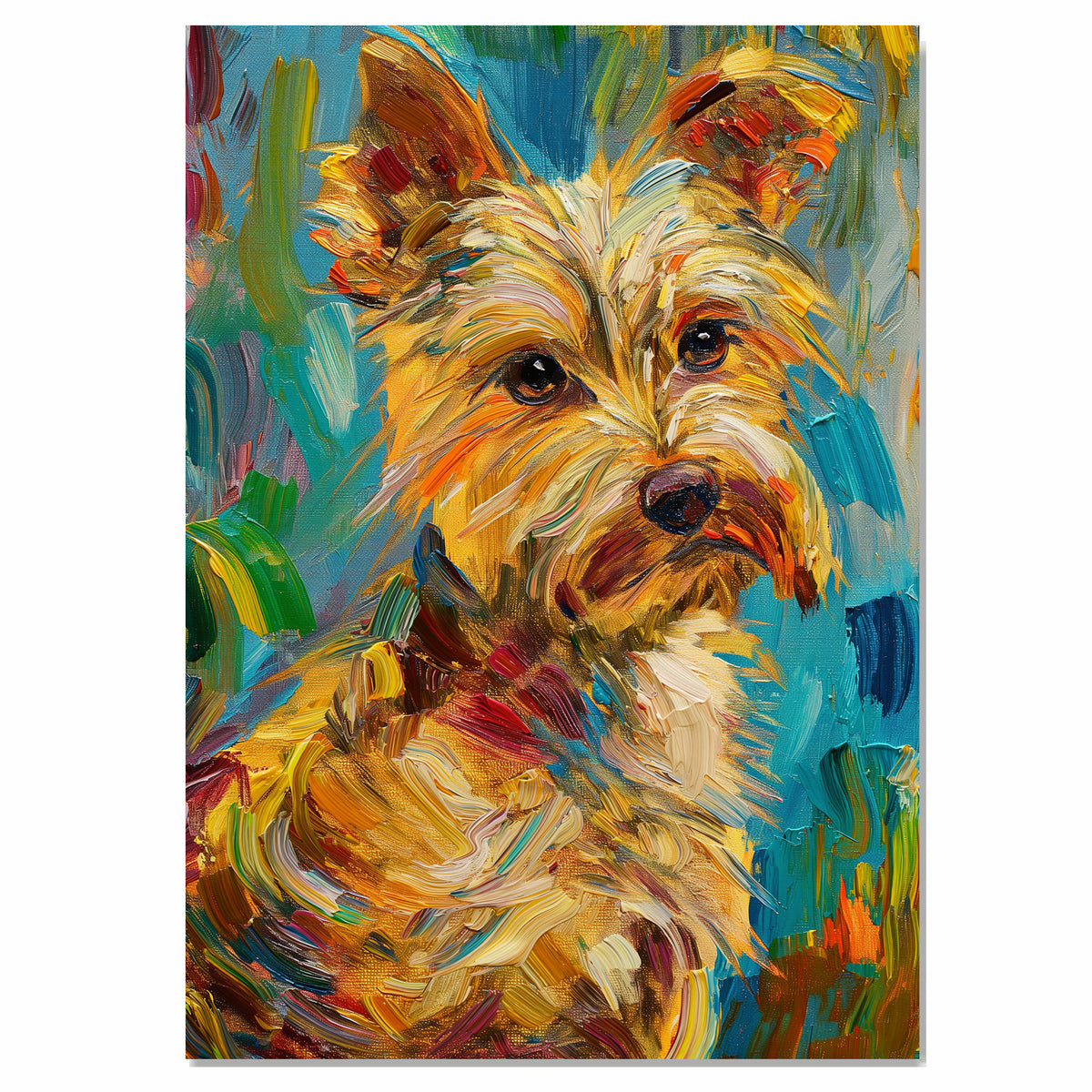Yorkshire Terrier Dog Painting in Van Gogh Inspired Style with Bold Colors and Textured Expressionist Brushstrokes on Ready to Hang 1.5" Thick Canvas Wrap, Floating Framed Canvas, Flat Rolled Canvas