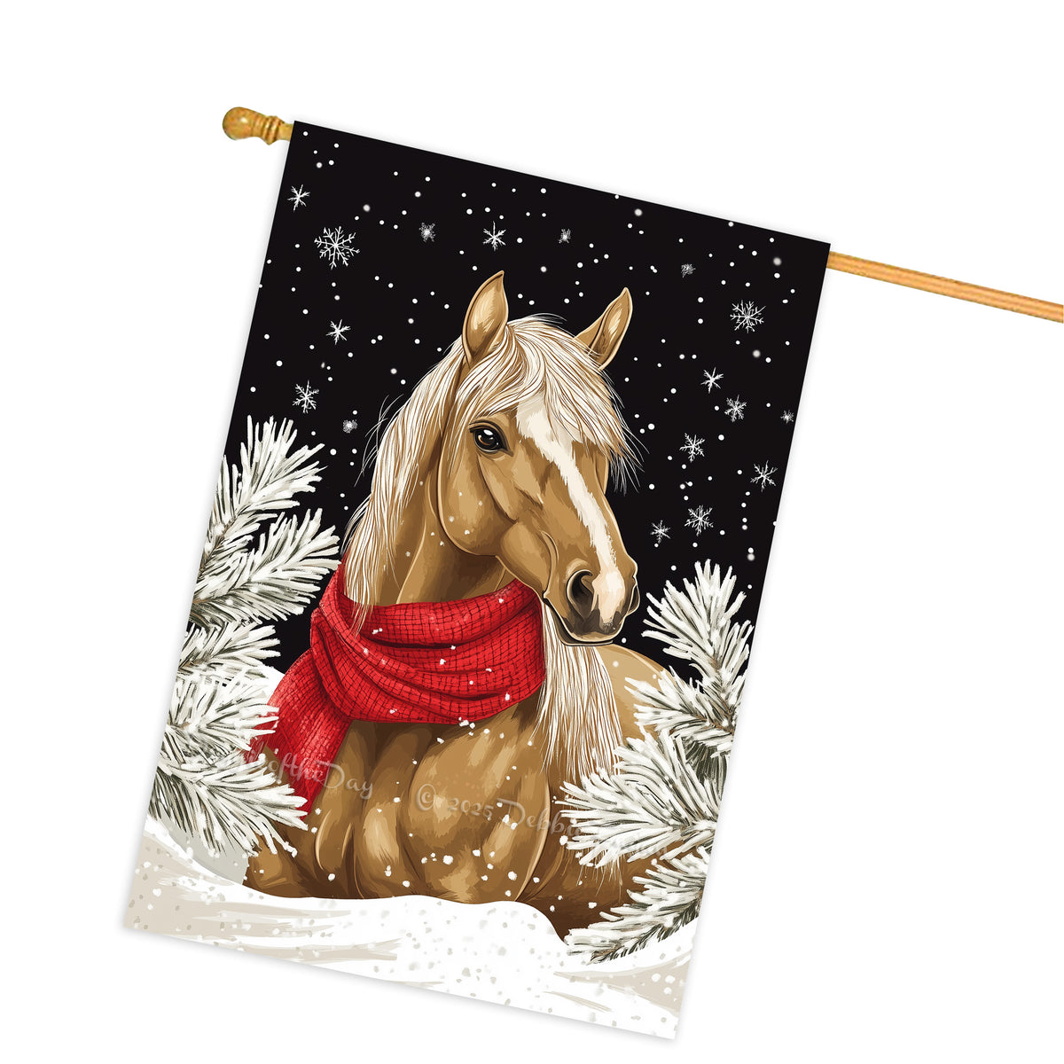 Merry Christmas Horse with Red Scarf House Flag Double Sided 28x40 Inch Outdoor Winter Farmhouse Holiday Decoration Snowflakes Forest Yard Decor Seasonal Garden Banner