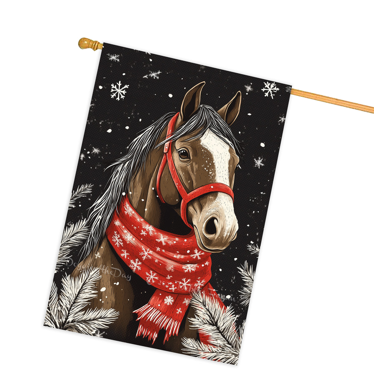 Christmas Horse with Red Scarf House Flag Double Sided 28x40 Inch Winter Snow Farmhouse Outdoor Animal Flag Gift for Xmas Front Porch Yard Holiday Decor