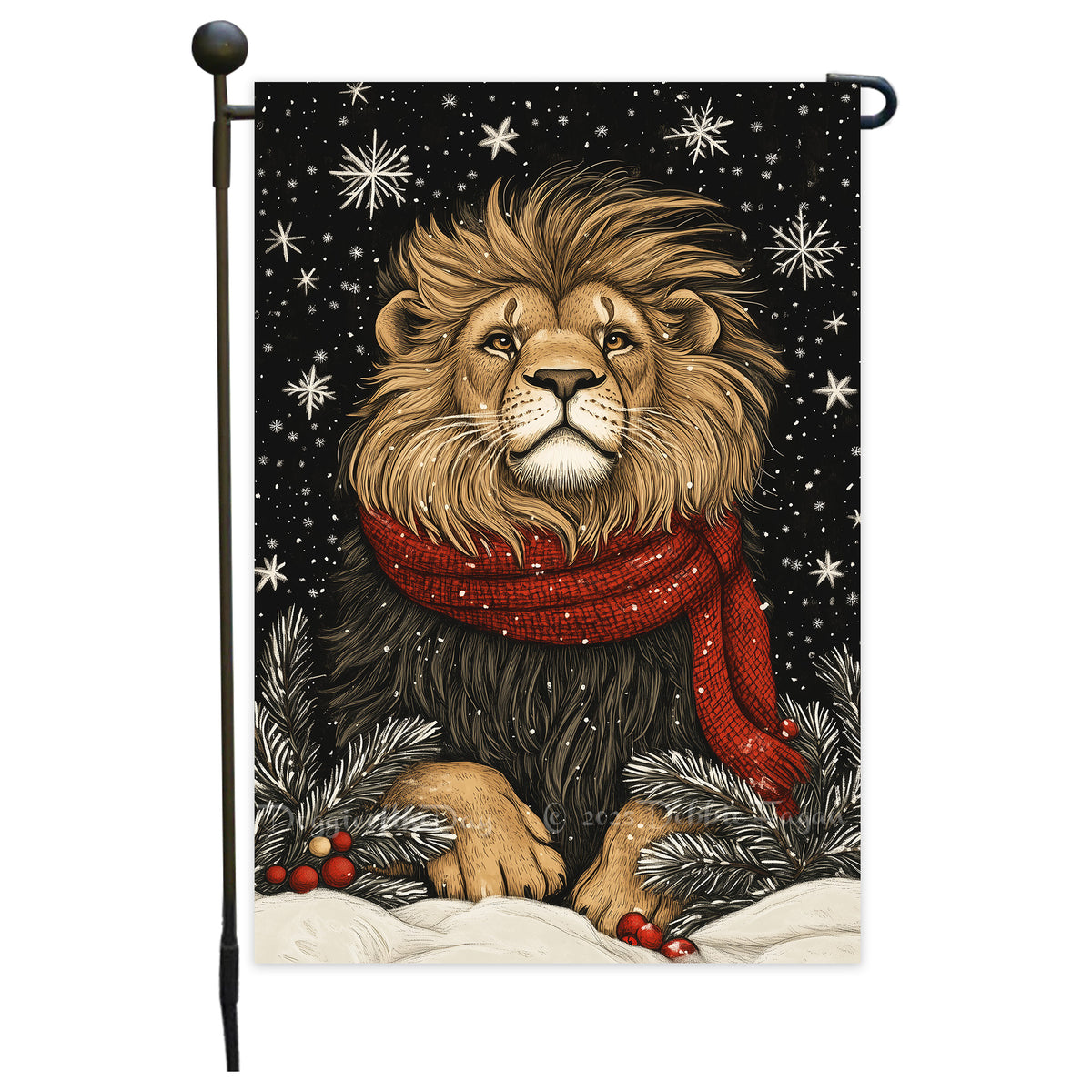 Christmas Lion Garden Flag, Snowflake Animal Yard Flag for Outside Decorations Winter Holiday Seasonal Farmhouse Outdoor Small Home Decor 12x18 Inch Single Side or Double Sidedd