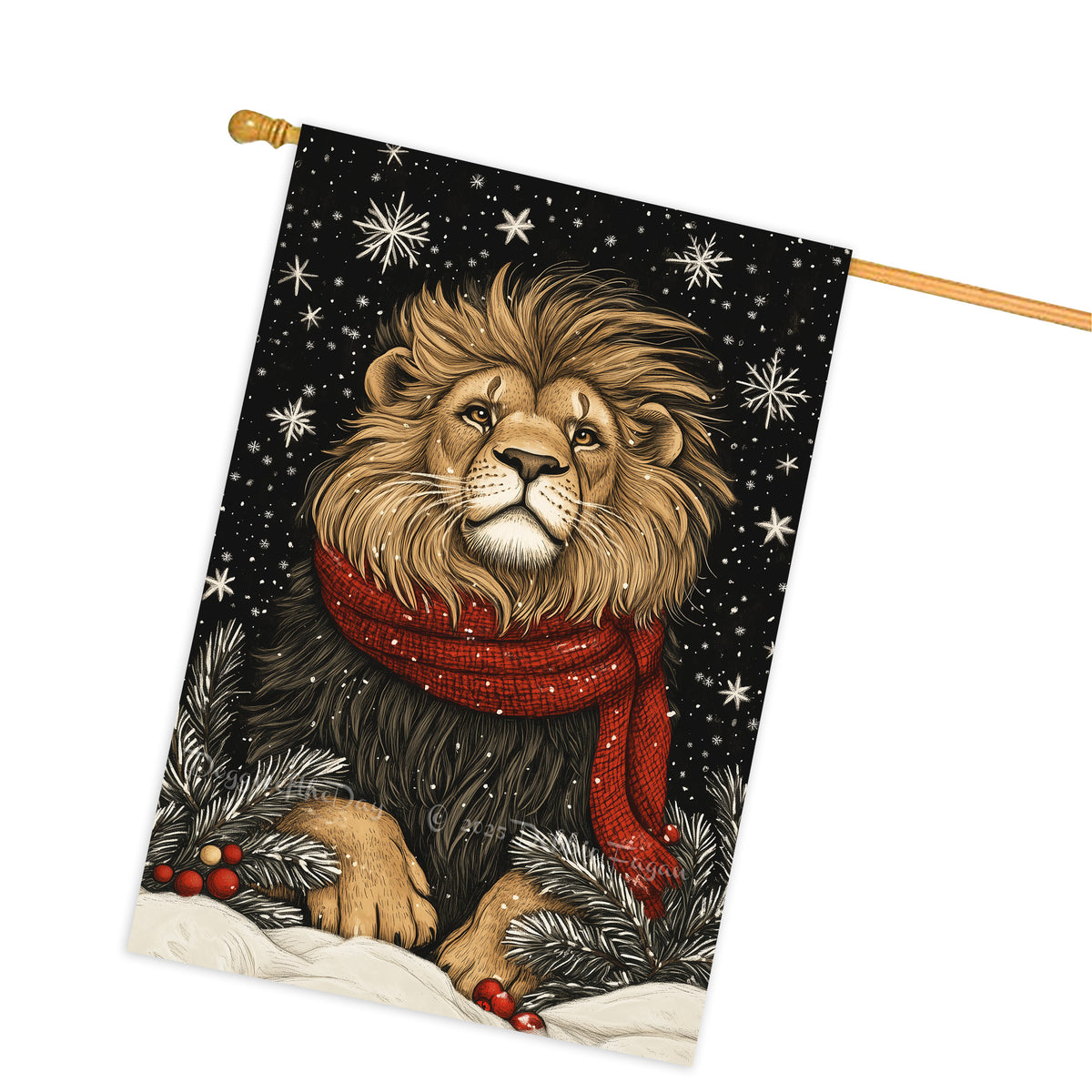 Christmas Lion House Flag Double Sided 28x40 Inch Winter Snowflake Animal Outdoor Flag Farmhouse Holiday Decor for Front Porch Yard Home