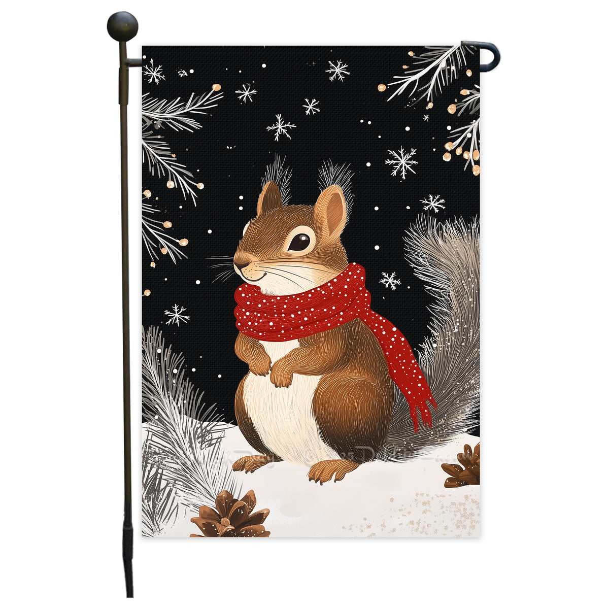 Snowflakes Christmas Squirrel Garden Flag 12x18 Inch Single Side or Double Sidedd Outdoor Winter Yard Flag, Cute Squirrel with Scarf Farmhouse Lawn Garden Seasonal Decor