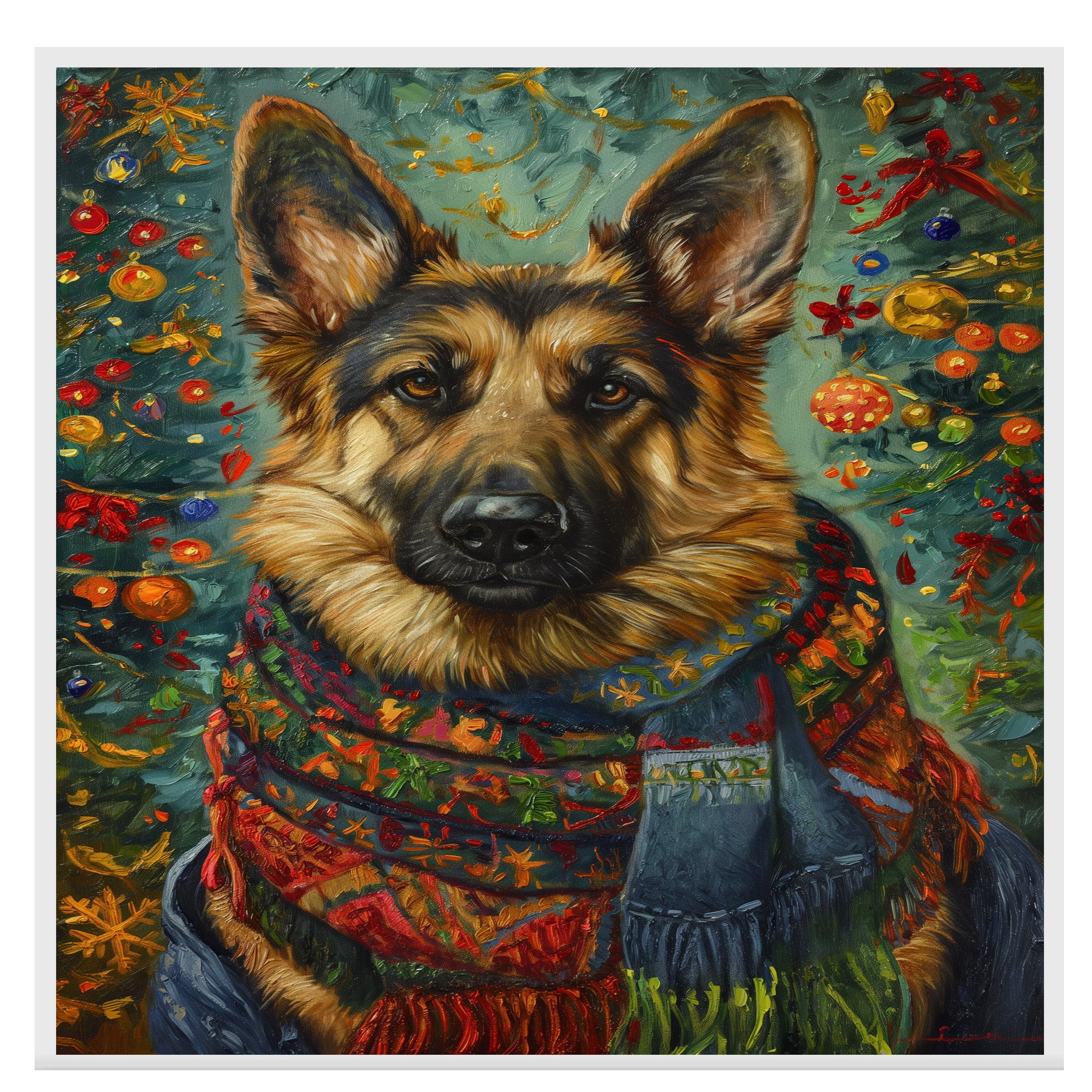 German Shepherd Dog Christmas Painting in Vintage Oil Style with Festive Scarf and Holiday Background on Ready to Hang 1.5" Thick Canvas Wrap, Floating Framed Canvas, Flat Rolled Canvas