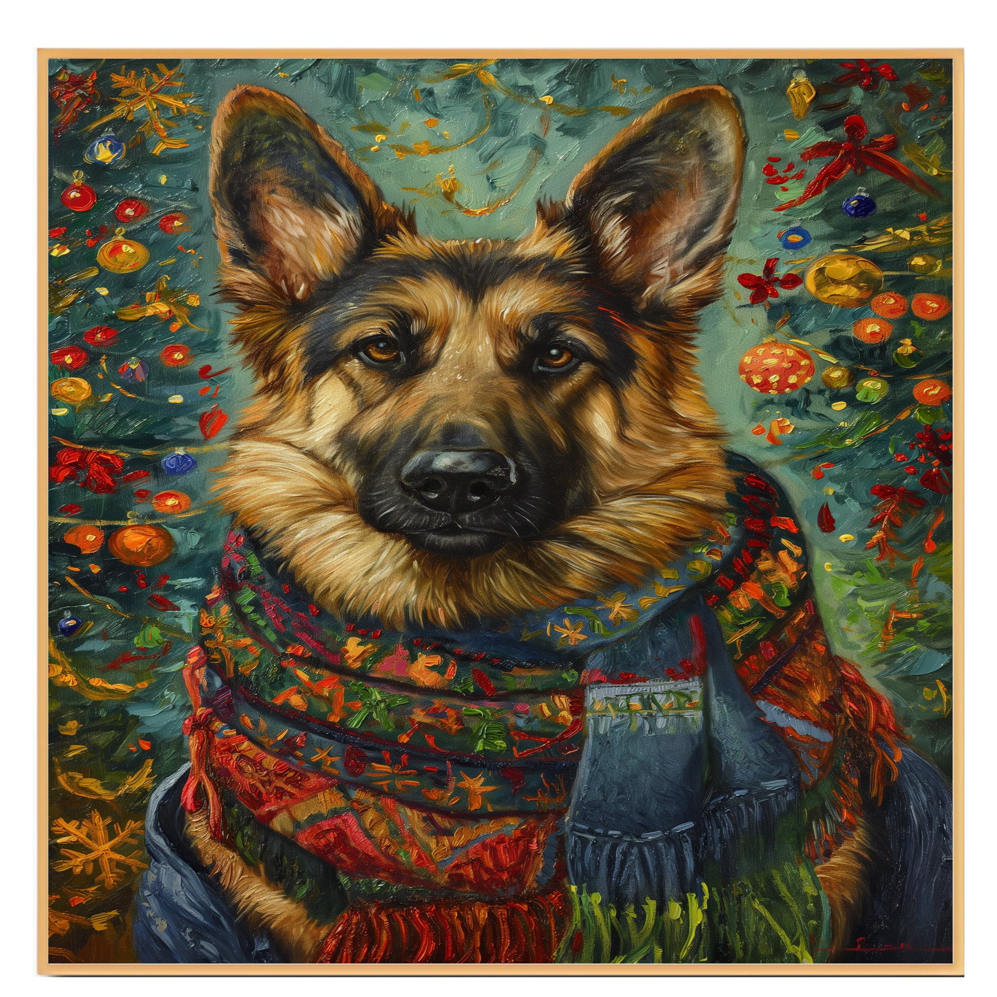 German Shepherd Dog Christmas Painting in Vintage Oil Style with Festive Scarf and Holiday Background on Ready to Hang 1.5" Thick Canvas Wrap, Floating Framed Canvas, Flat Rolled Canvas
