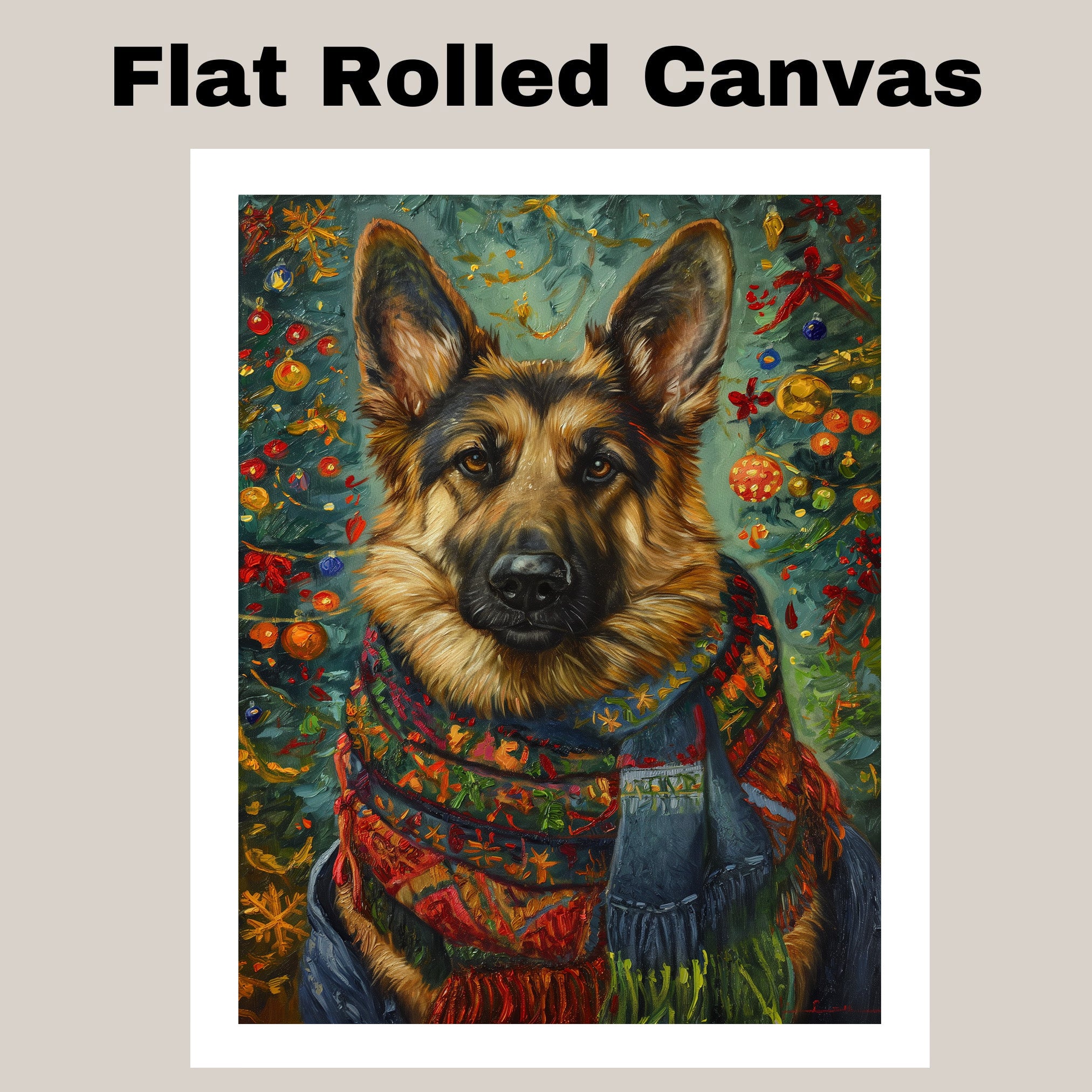 German Shepherd Dog Christmas Painting in Vintage Oil Style with Festive Scarf and Holiday Background on Ready to Hang 1.5" Thick Canvas Wrap, Floating Framed Canvas, Flat Rolled Canvas