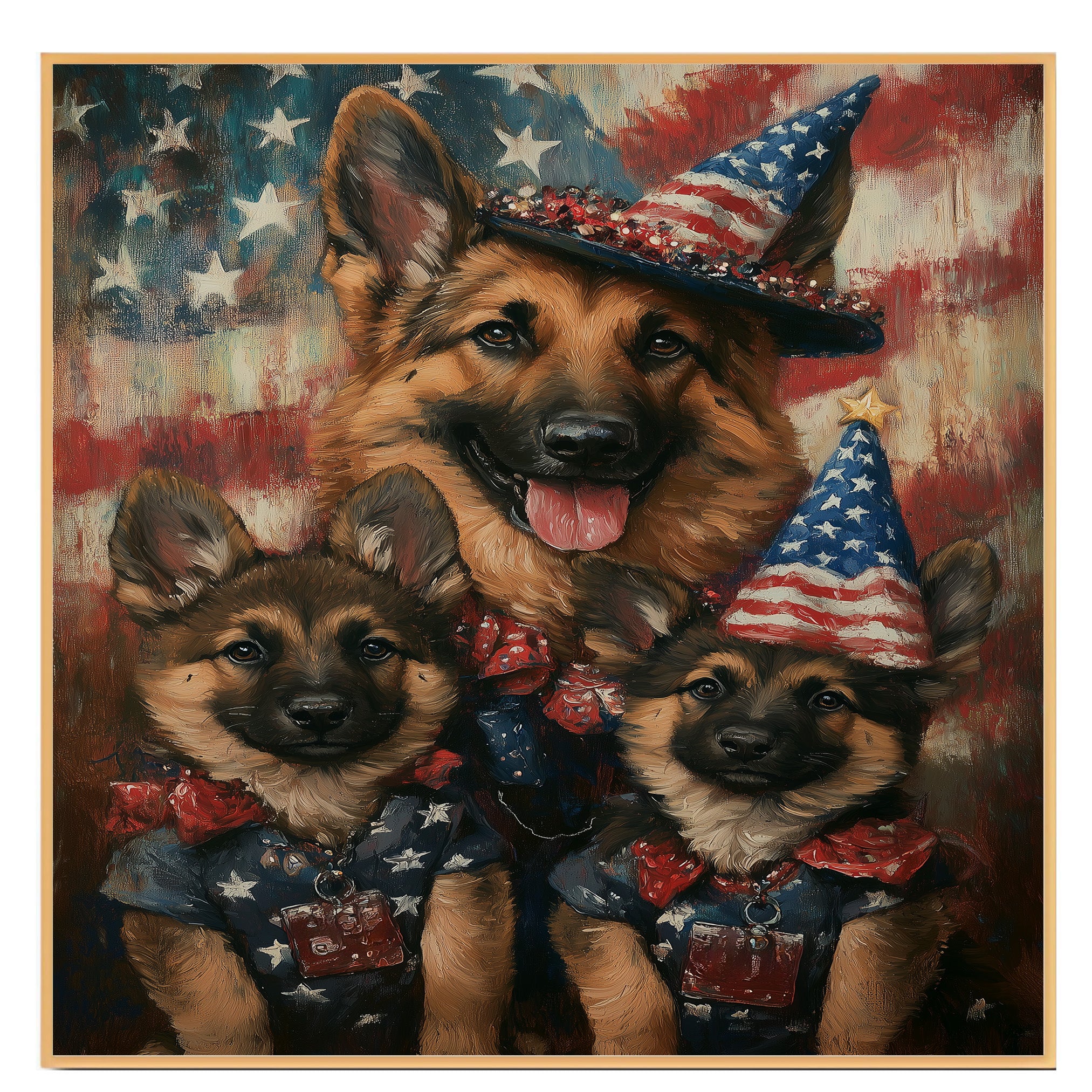 Patriotic German Shepherd Mom and Puppies Dressed in USA Outfits with Flag Background on Ready to Hang 1.5" Thick Canvas Wrap, Floating Framed Canvas, Flat Rolled Canvas