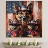 German Shepherd Mother with Two Puppies in Patriotic Hats and Bowties Against Rustic American Flag Background on Ready to Hang 1.5" Thick Canvas Wrap, Floating Framed Canvas, Flat Rolled Canvas