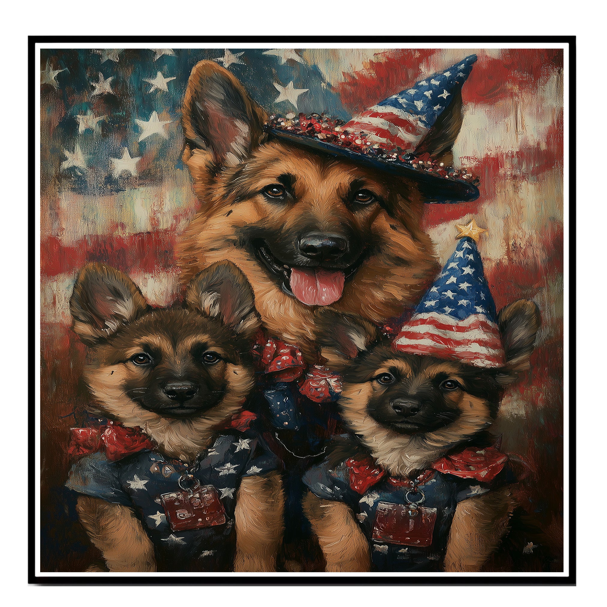 Patriotic German Shepherd Mom and Puppies Dressed in USA Outfits with Flag Background on Ready to Hang 1.5" Thick Canvas Wrap, Floating Framed Canvas, Flat Rolled Canvas
