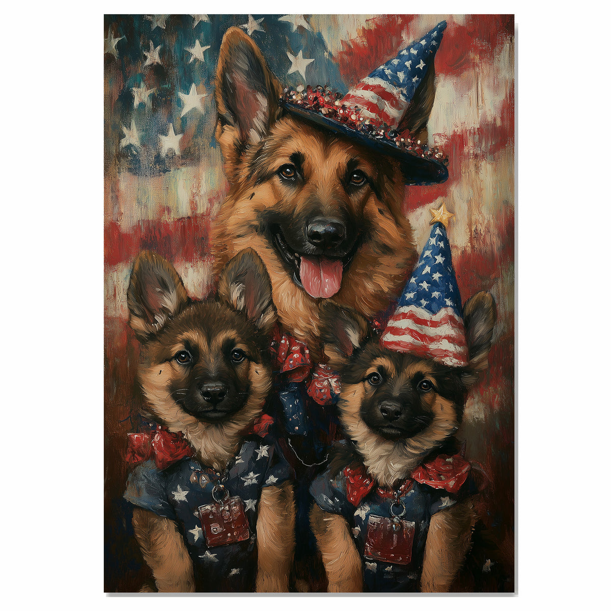 Patriotic German Shepherd Mom and Puppies Dressed in USA Outfits with Flag Background on Ready to Hang 1.5" Thick Canvas Wrap, Floating Framed Canvas, Flat Rolled Canvas