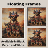 German Shepherd Mom and Puppies in Patriotic Hats and Bowties with American Flag Background for Independence Day on Ready to Hang 1.5" Thick Canvas Wrap, Floating Framed Canvas, Flat Rolled Canvas