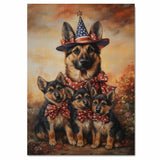 German Shepherd Mom and Puppies in Patriotic Hats and Bowties with American Flag Background for Independence Day on Ready to Hang 1.5" Thick Canvas Wrap, Floating Framed Canvas, Flat Rolled Canvas