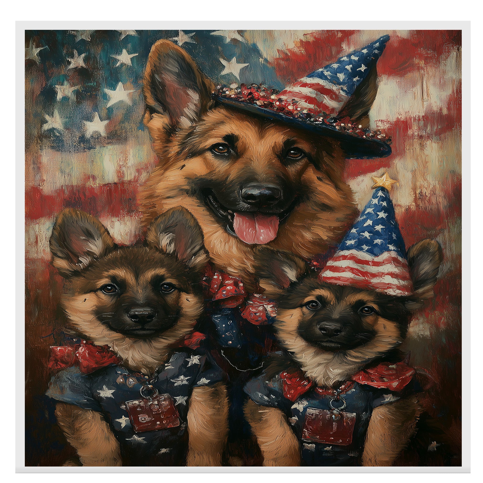 Patriotic German Shepherd Mom and Puppies Dressed in USA Outfits with Flag Background on Ready to Hang 1.5" Thick Canvas Wrap, Floating Framed Canvas, Flat Rolled Canvas