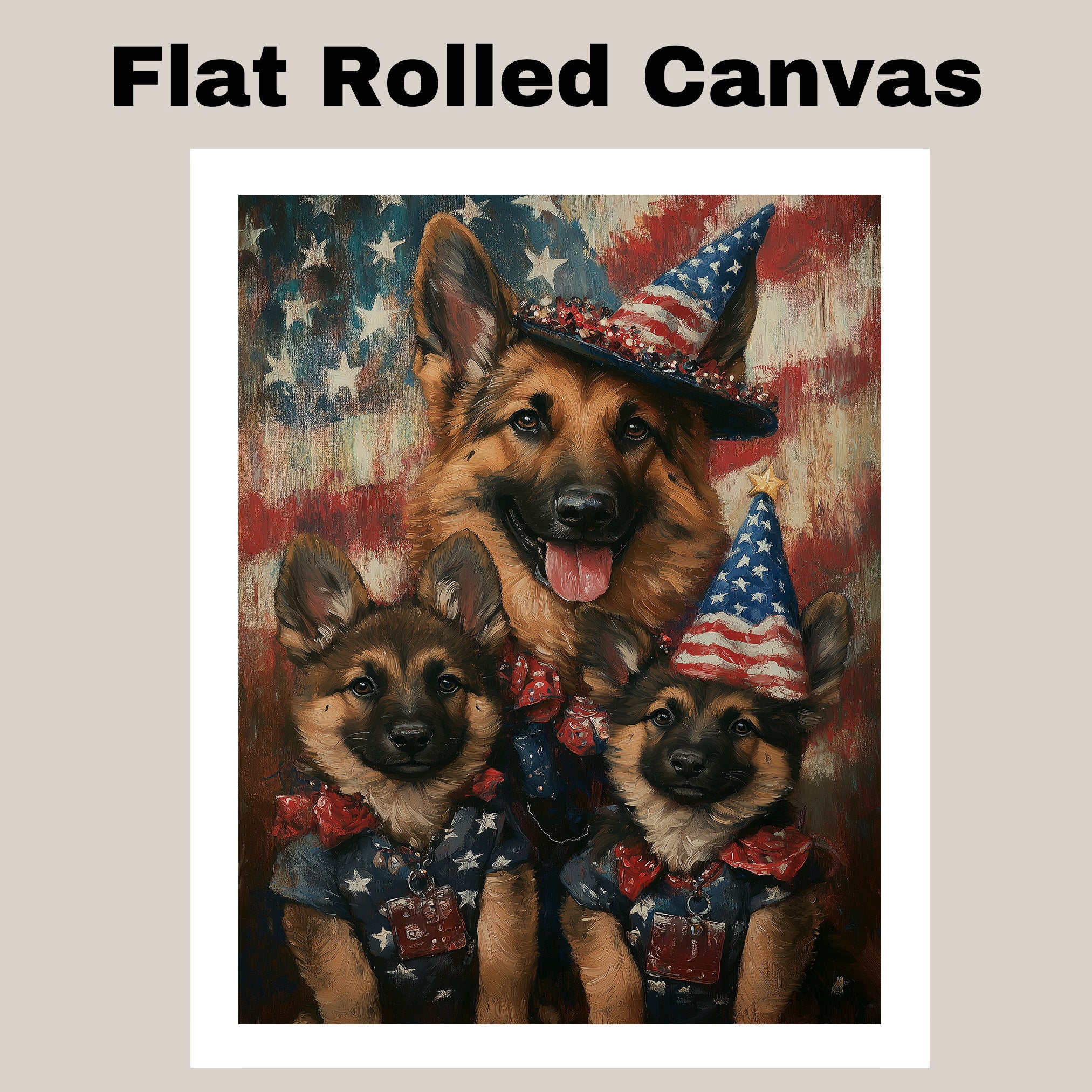 Patriotic German Shepherd Mom and Puppies Dressed in USA Outfits with Flag Background on Ready to Hang 1.5" Thick Canvas Wrap, Floating Framed Canvas, Flat Rolled Canvas