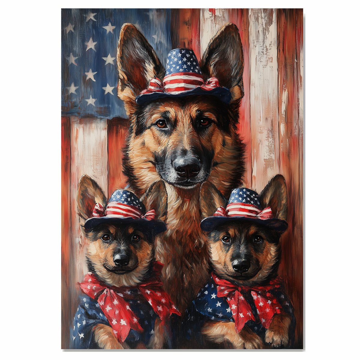 German Shepherd Mother with Two Puppies in Patriotic Hats and Bowties Against Rustic American Flag Background on Ready to Hang 1.5" Thick Canvas Wrap, Floating Framed Canvas, Flat Rolled Canvas