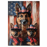 German Shepherd Mother with Two Puppies in Patriotic Hats and Bowties Against Rustic American Flag Background on Ready to Hang 1.5" Thick Canvas Wrap, Floating Framed Canvas, Flat Rolled Canvas