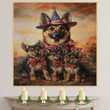 German Shepherd Mom and Puppies in Patriotic Hats and Bowties with American Flag Background for Independence Day on Ready to Hang 1.5" Thick Canvas Wrap, Floating Framed Canvas, Flat Rolled Canvas