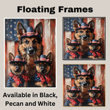 German Shepherd Mother with Two Puppies in Patriotic Hats and Bowties Against Rustic American Flag Background on Ready to Hang 1.5" Thick Canvas Wrap, Floating Framed Canvas, Flat Rolled Canvas