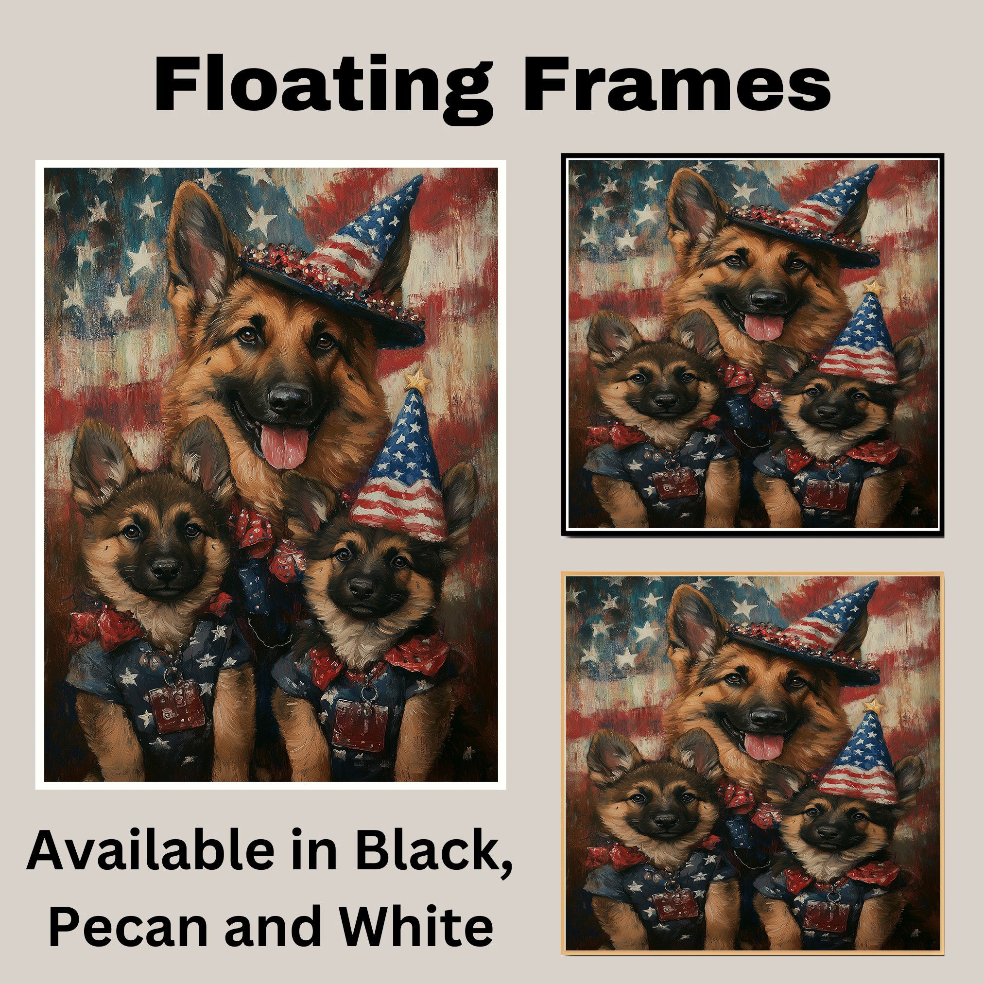 Patriotic German Shepherd Mom and Puppies Dressed in USA Outfits with Flag Background on Ready to Hang 1.5" Thick Canvas Wrap, Floating Framed Canvas, Flat Rolled Canvas
