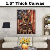 German Shepherd Mother and Puppies in Matching Patriotic Hats with Rustic American Flag Background on Ready to Hang 1.5" Thick Canvas Wrap, Floating Framed Canvas, Flat Rolled Canvas