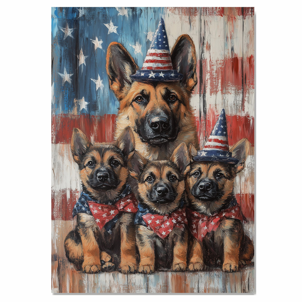 Rustic Patriotic German Shepherd Mother and Three Puppies in American Flag Hats and Bowties on Ready to Hang 1.5" Thick Canvas Wrap, Floating Framed Canvas, Flat Rolled Canvas