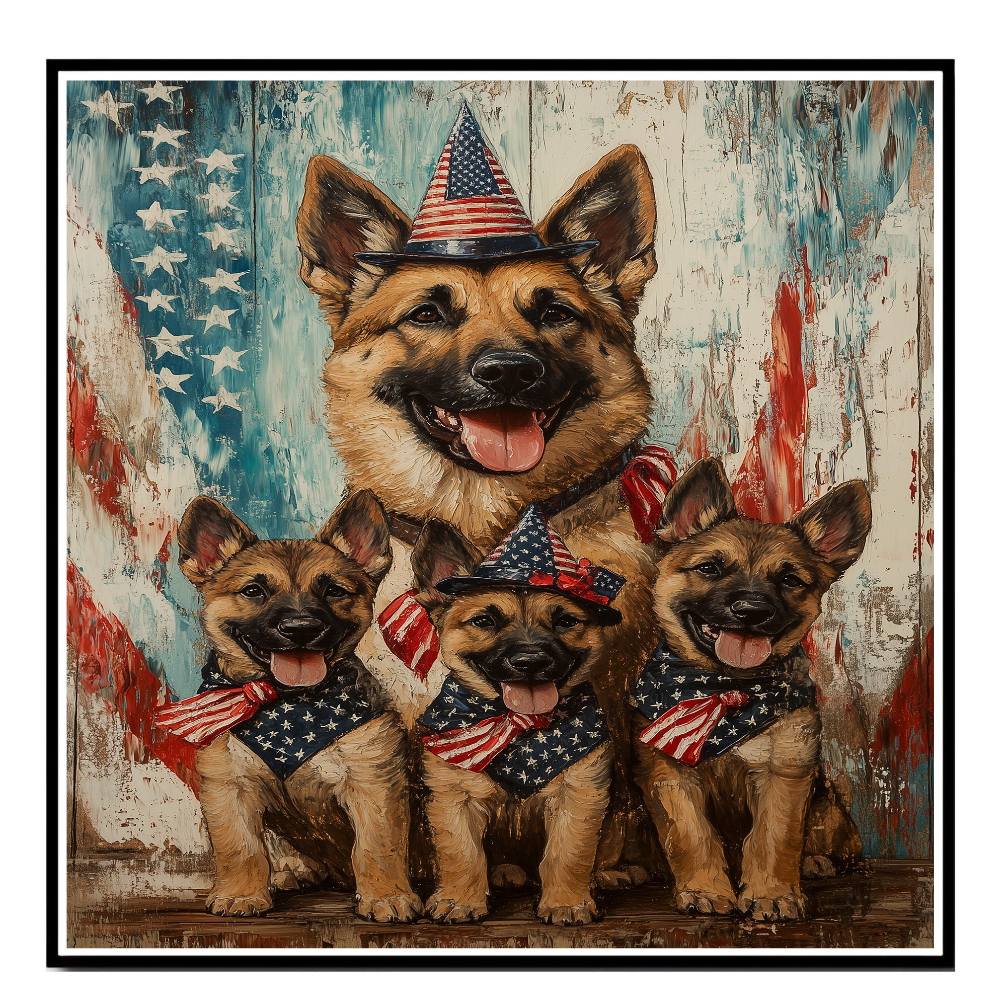 Happy German Shepherd Mother and Puppies in Patriotic Outfits with Rustic American Flag Backdrop on Ready to Hang 1.5" Thick Canvas Wrap, Floating Framed Canvas, Flat Rolled Canvas