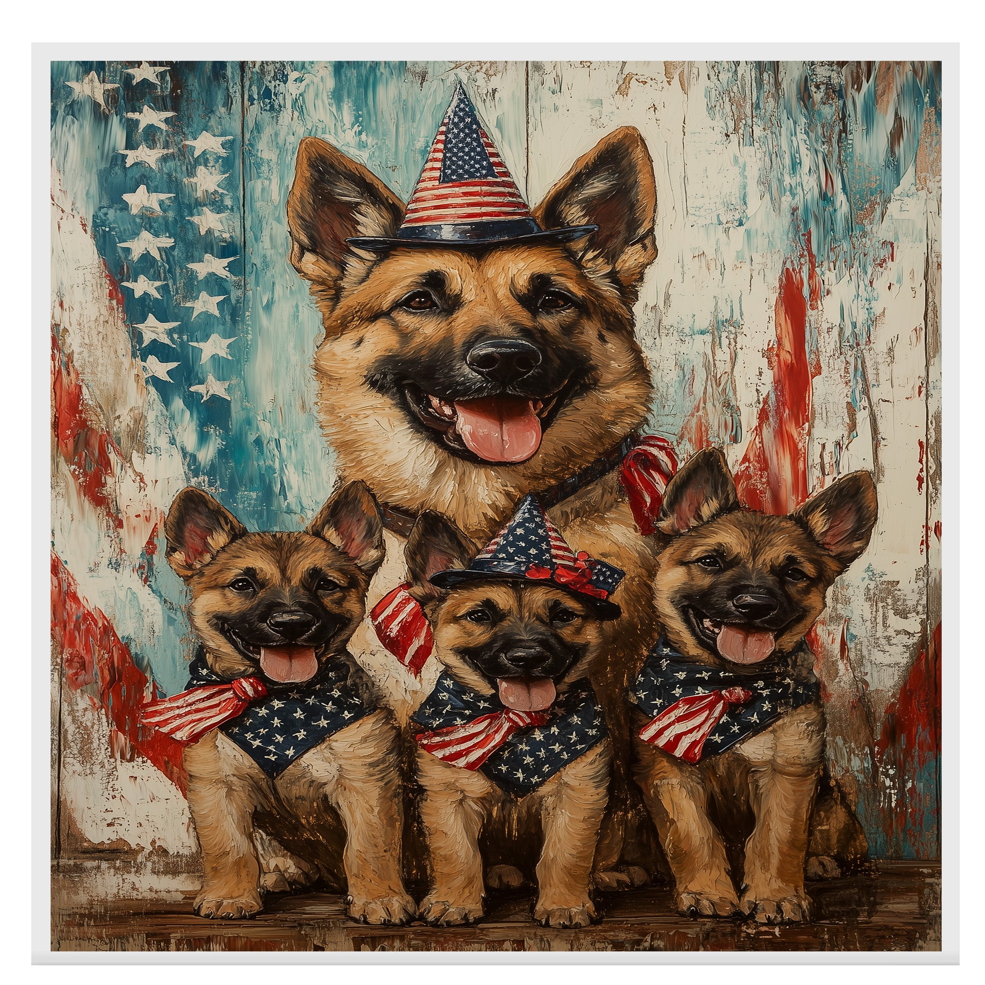 Happy German Shepherd Mother and Puppies in Patriotic Outfits with Rustic American Flag Backdrop on Ready to Hang 1.5" Thick Canvas Wrap, Floating Framed Canvas, Flat Rolled Canvas