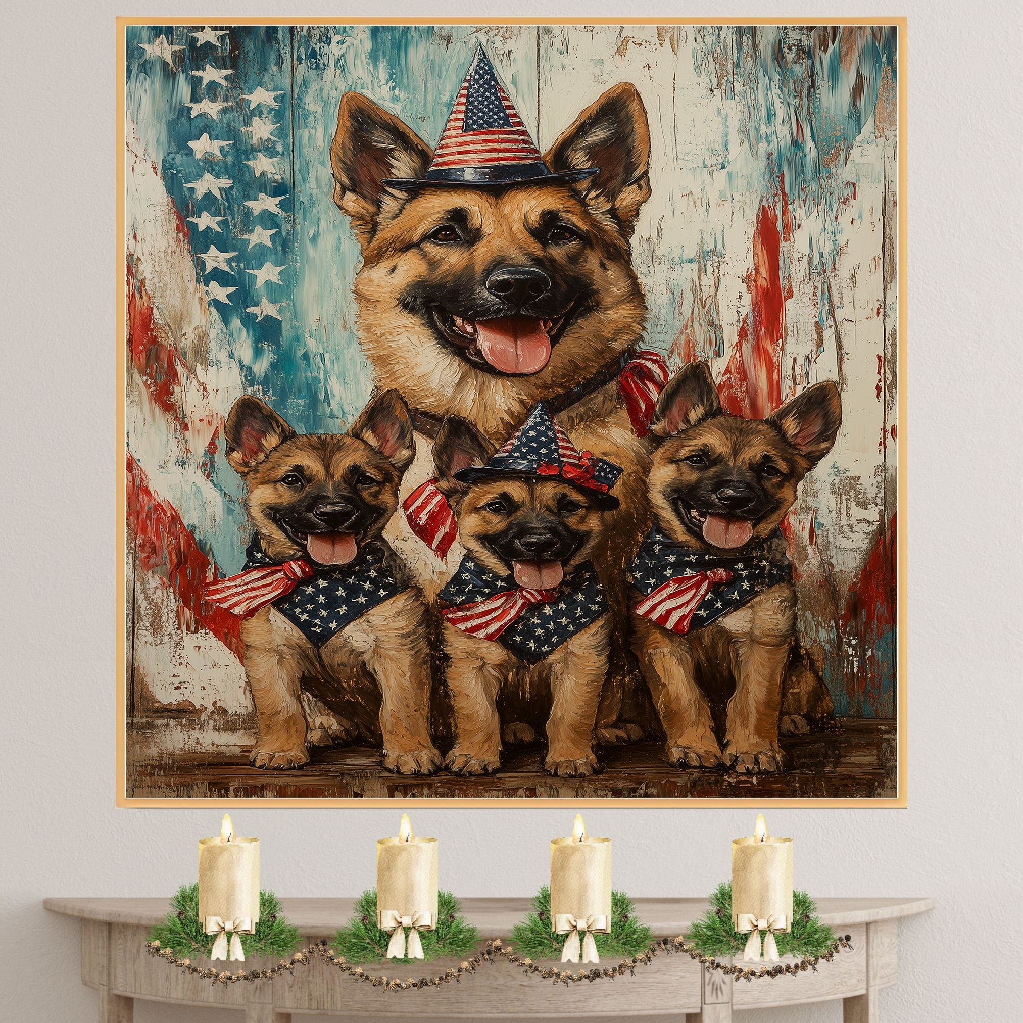 Happy German Shepherd Mother and Puppies in Patriotic Outfits with Rustic American Flag Backdrop on Ready to Hang 1.5" Thick Canvas Wrap, Floating Framed Canvas, Flat Rolled Canvas