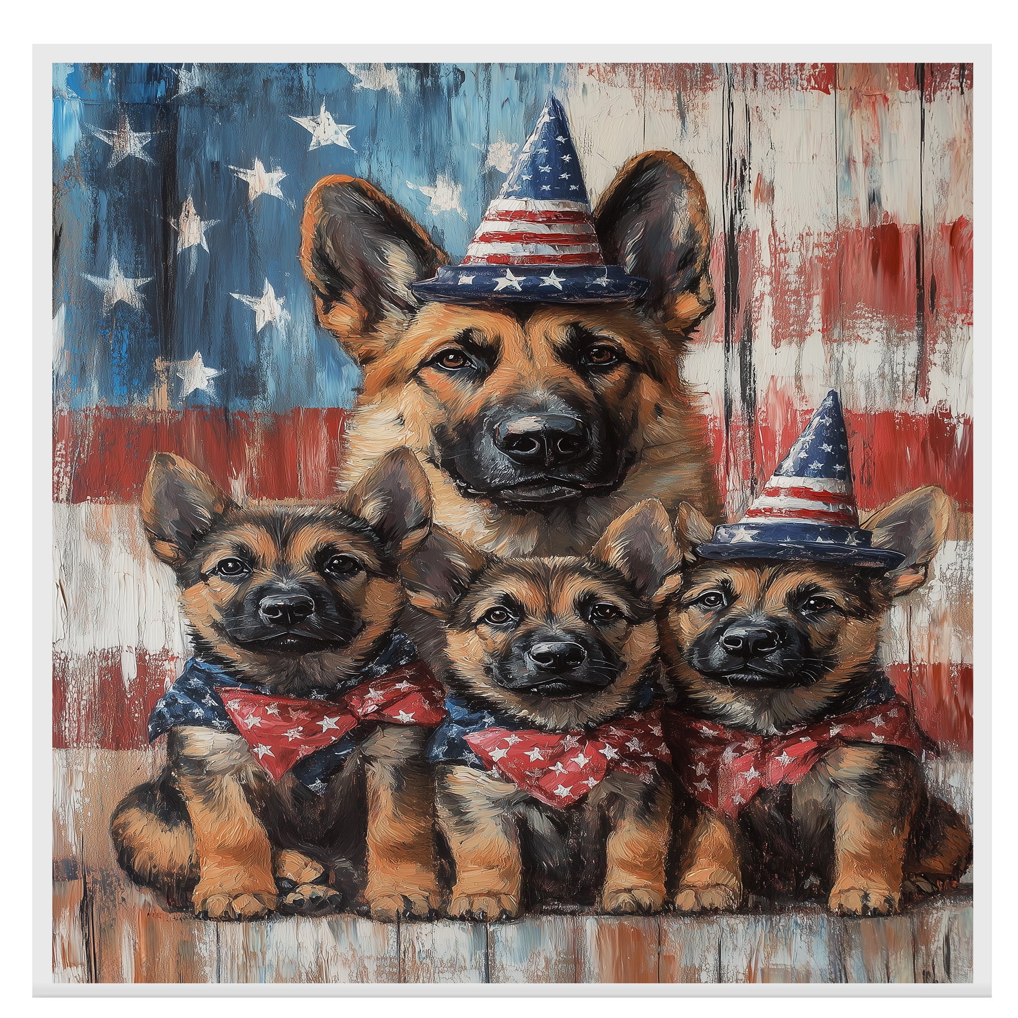 Rustic Patriotic German Shepherd Mother and Three Puppies in American Flag Hats and Bowties on Ready to Hang 1.5" Thick Canvas Wrap, Floating Framed Canvas, Flat Rolled Canvas