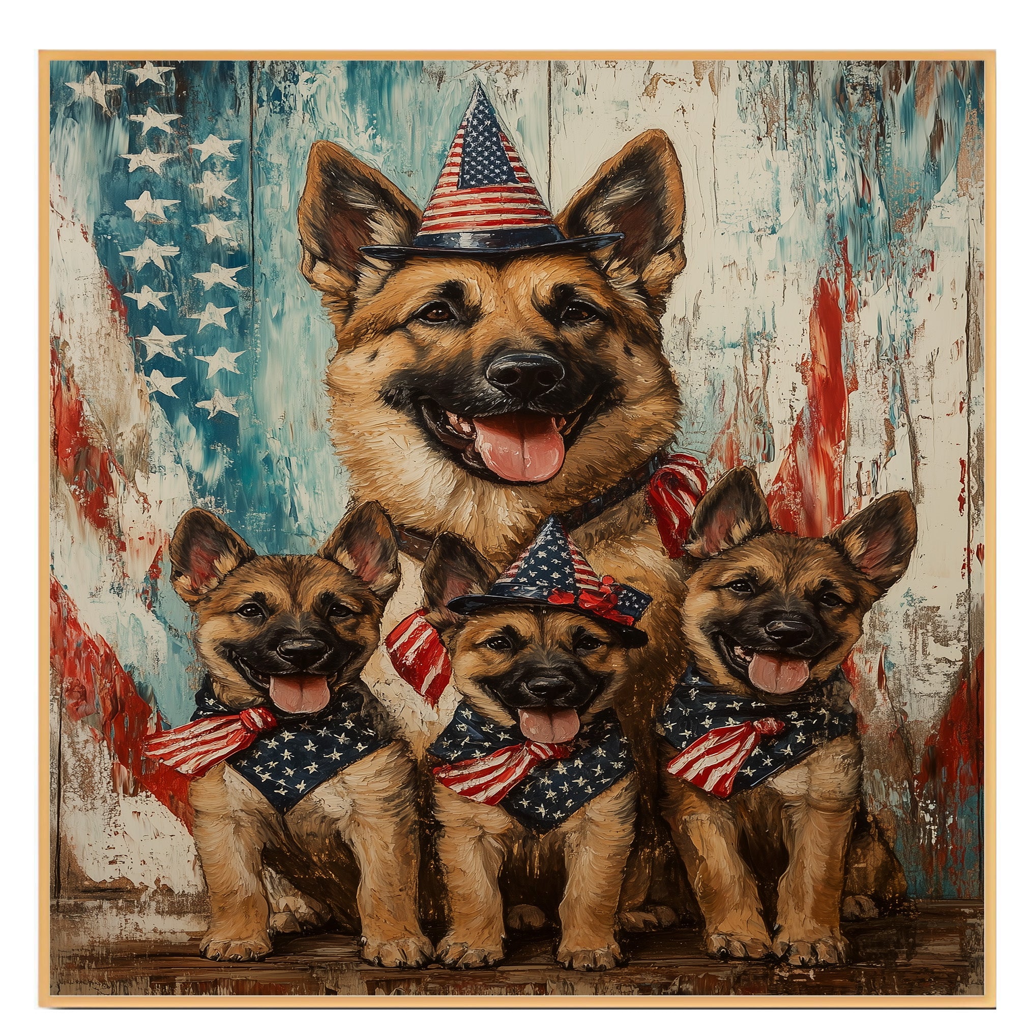 Happy German Shepherd Mother and Puppies in Patriotic Outfits with Rustic American Flag Backdrop on Ready to Hang 1.5" Thick Canvas Wrap, Floating Framed Canvas, Flat Rolled Canvas