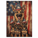 German Shepherd Mother and Puppies in Matching Patriotic Hats with Rustic American Flag Background on Ready to Hang 1.5" Thick Canvas Wrap, Floating Framed Canvas, Flat Rolled Canvas