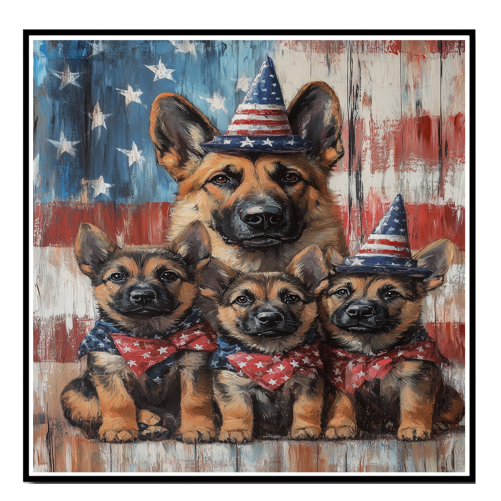 Rustic Patriotic German Shepherd Mother and Three Puppies in American Flag Hats and Bowties on Ready to Hang 1.5" Thick Canvas Wrap, Floating Framed Canvas, Flat Rolled Canvas