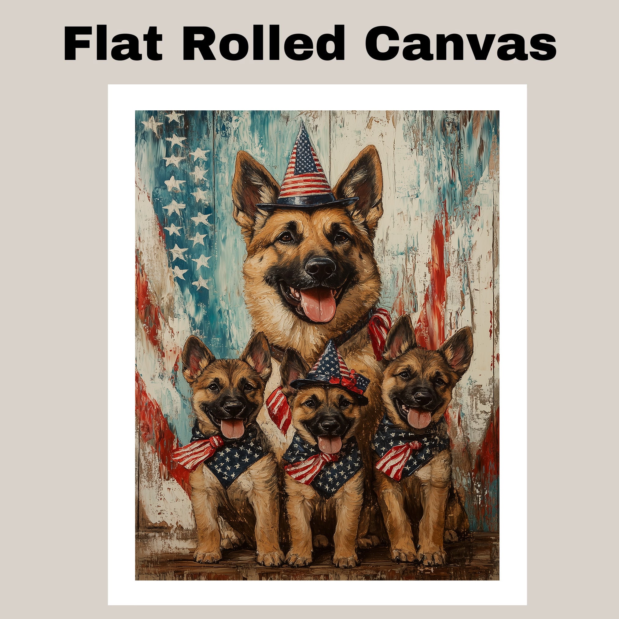 Happy German Shepherd Mother and Puppies in Patriotic Outfits with Rustic American Flag Backdrop on Ready to Hang 1.5" Thick Canvas Wrap, Floating Framed Canvas, Flat Rolled Canvas
