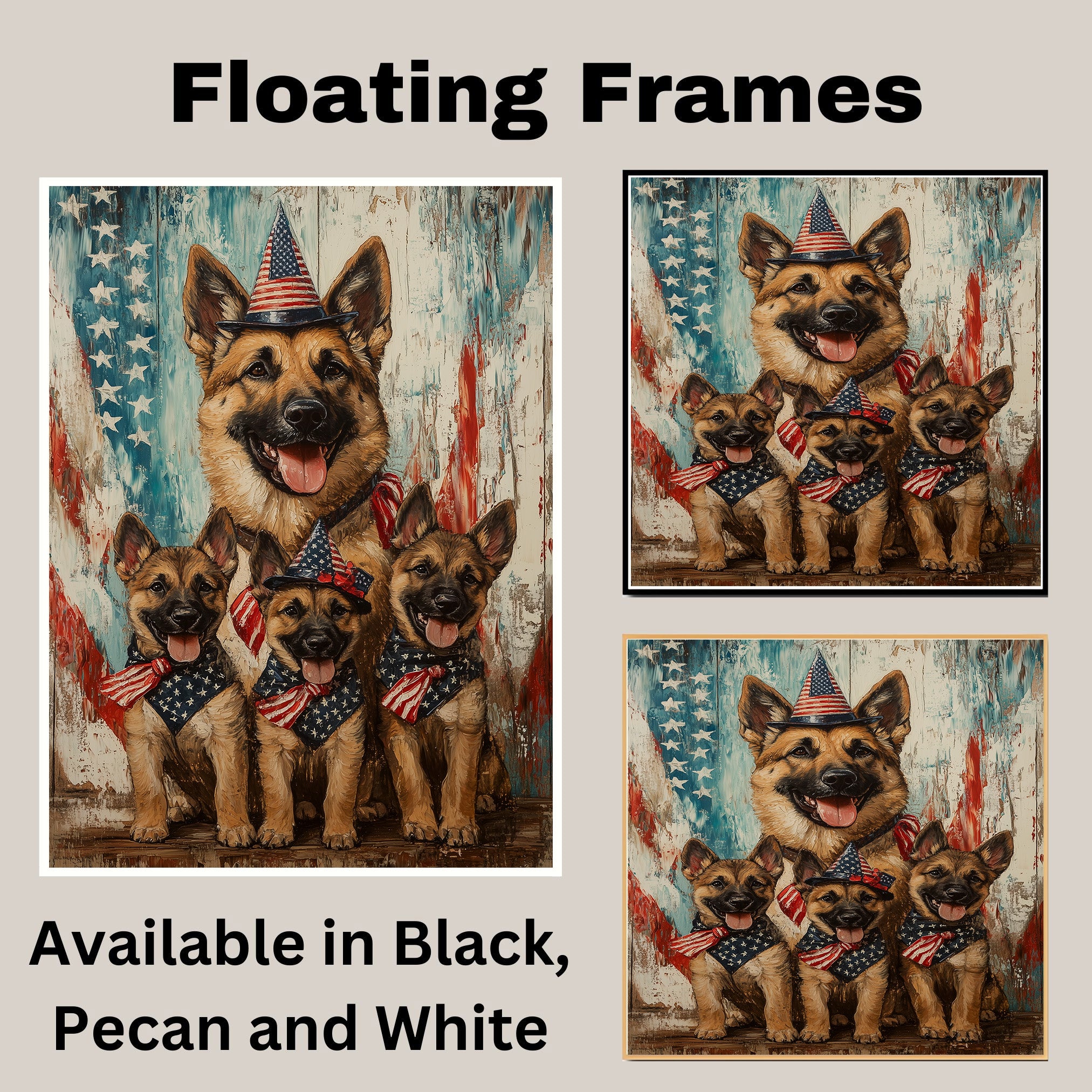 Happy German Shepherd Mother and Puppies in Patriotic Outfits with Rustic American Flag Backdrop on Ready to Hang 1.5" Thick Canvas Wrap, Floating Framed Canvas, Flat Rolled Canvas
