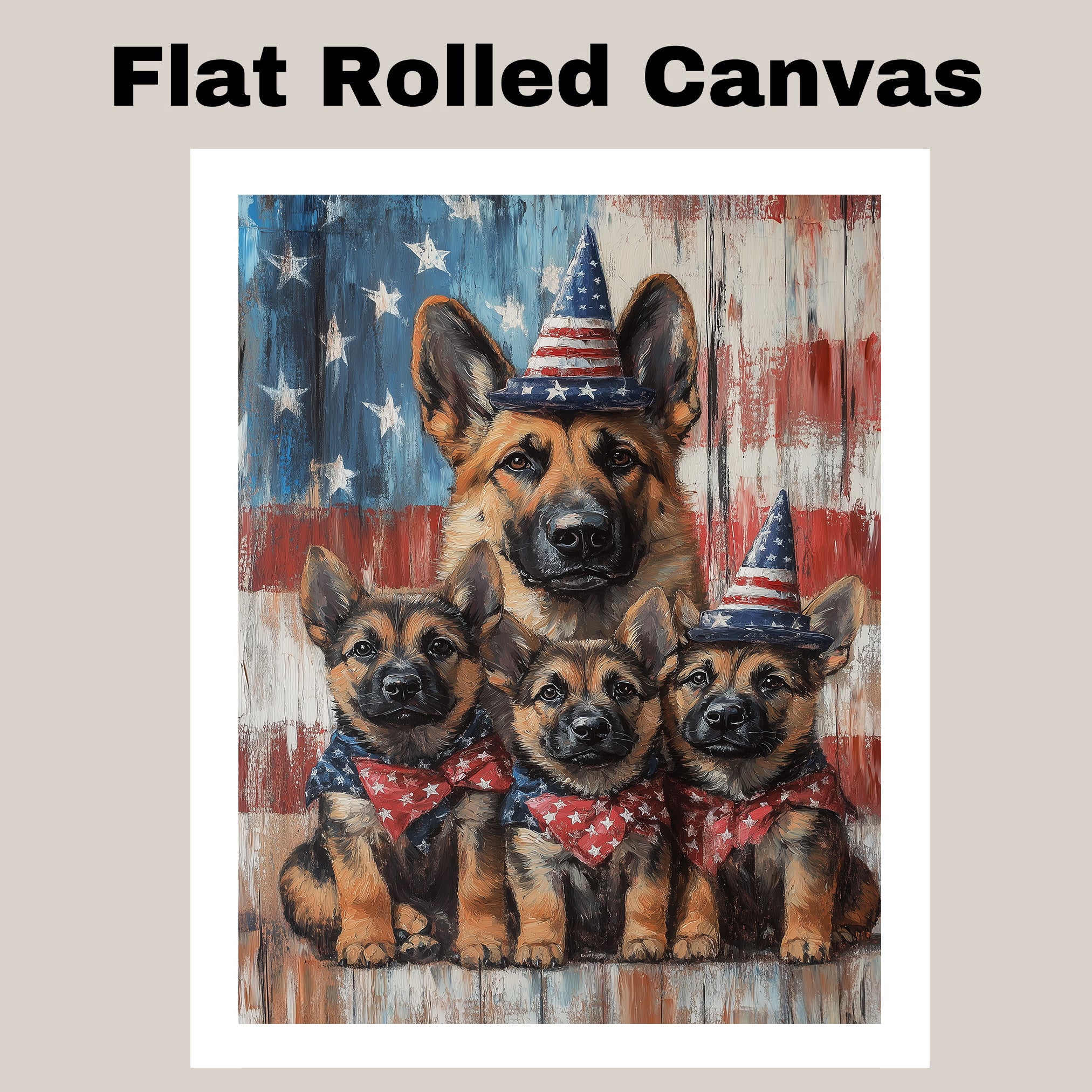 Rustic Patriotic German Shepherd Mother and Three Puppies in American Flag Hats and Bowties on Ready to Hang 1.5" Thick Canvas Wrap, Floating Framed Canvas, Flat Rolled Canvas