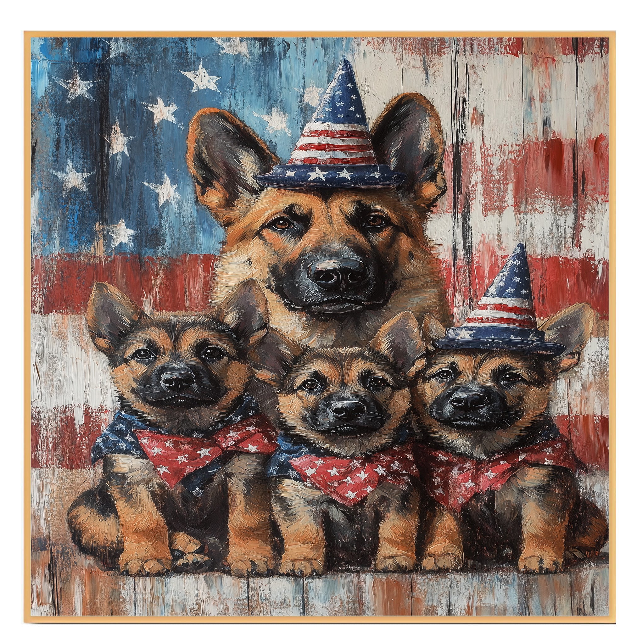Rustic Patriotic German Shepherd Mother and Three Puppies in American Flag Hats and Bowties on Ready to Hang 1.5" Thick Canvas Wrap, Floating Framed Canvas, Flat Rolled Canvas