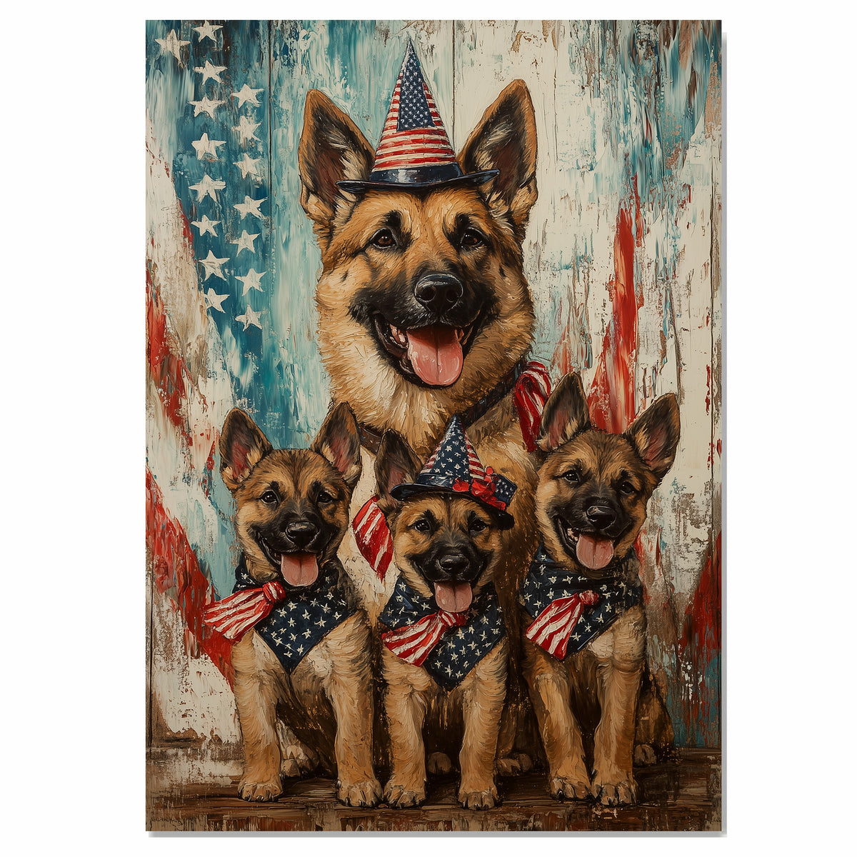 Happy German Shepherd Mother and Puppies in Patriotic Outfits with Rustic American Flag Backdrop on Ready to Hang 1.5" Thick Canvas Wrap, Floating Framed Canvas, Flat Rolled Canvas